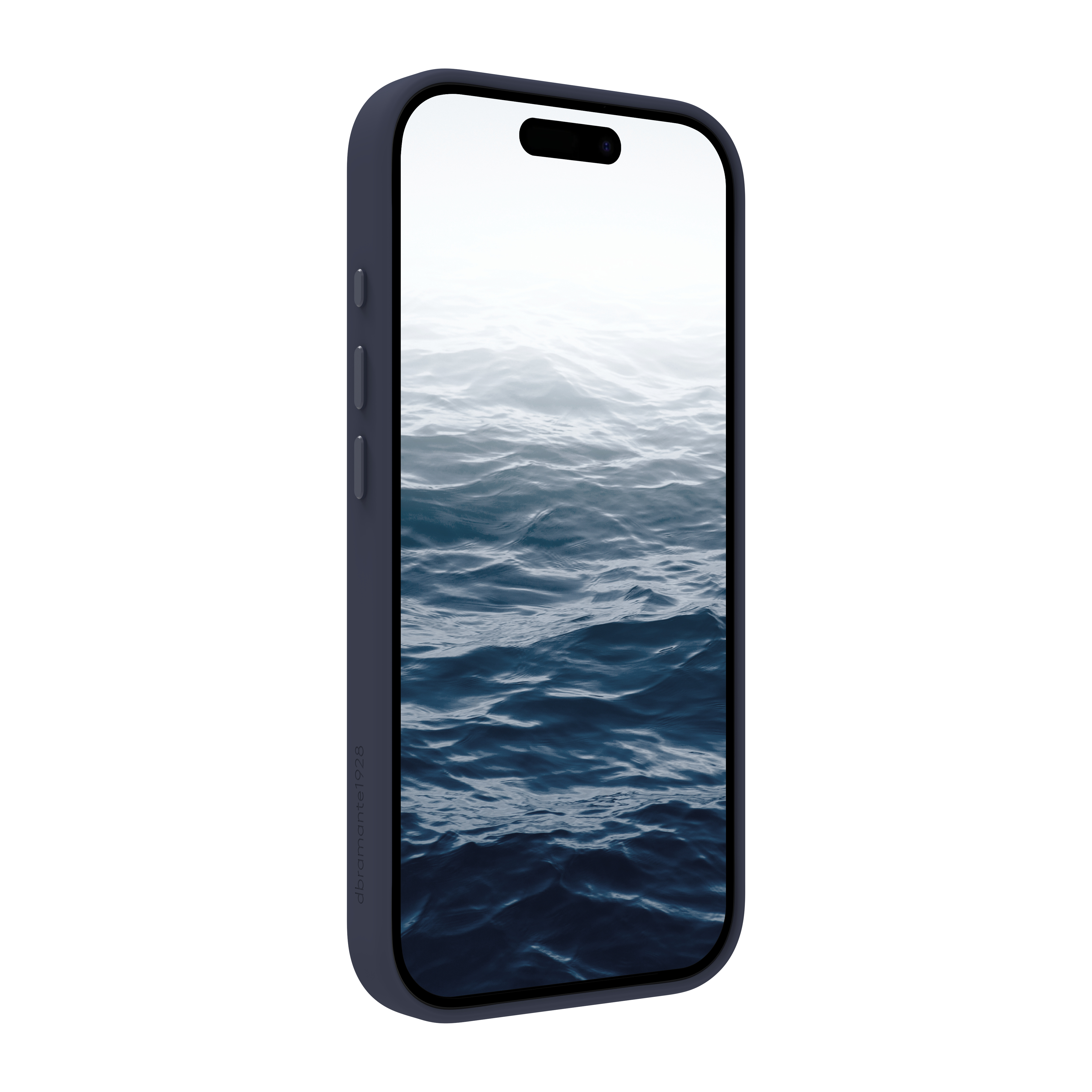 Un telefono blu scuro mostra una scena acquatica. Il telefono ha una custodia blu scuro e si trova su sfondo bianco.
