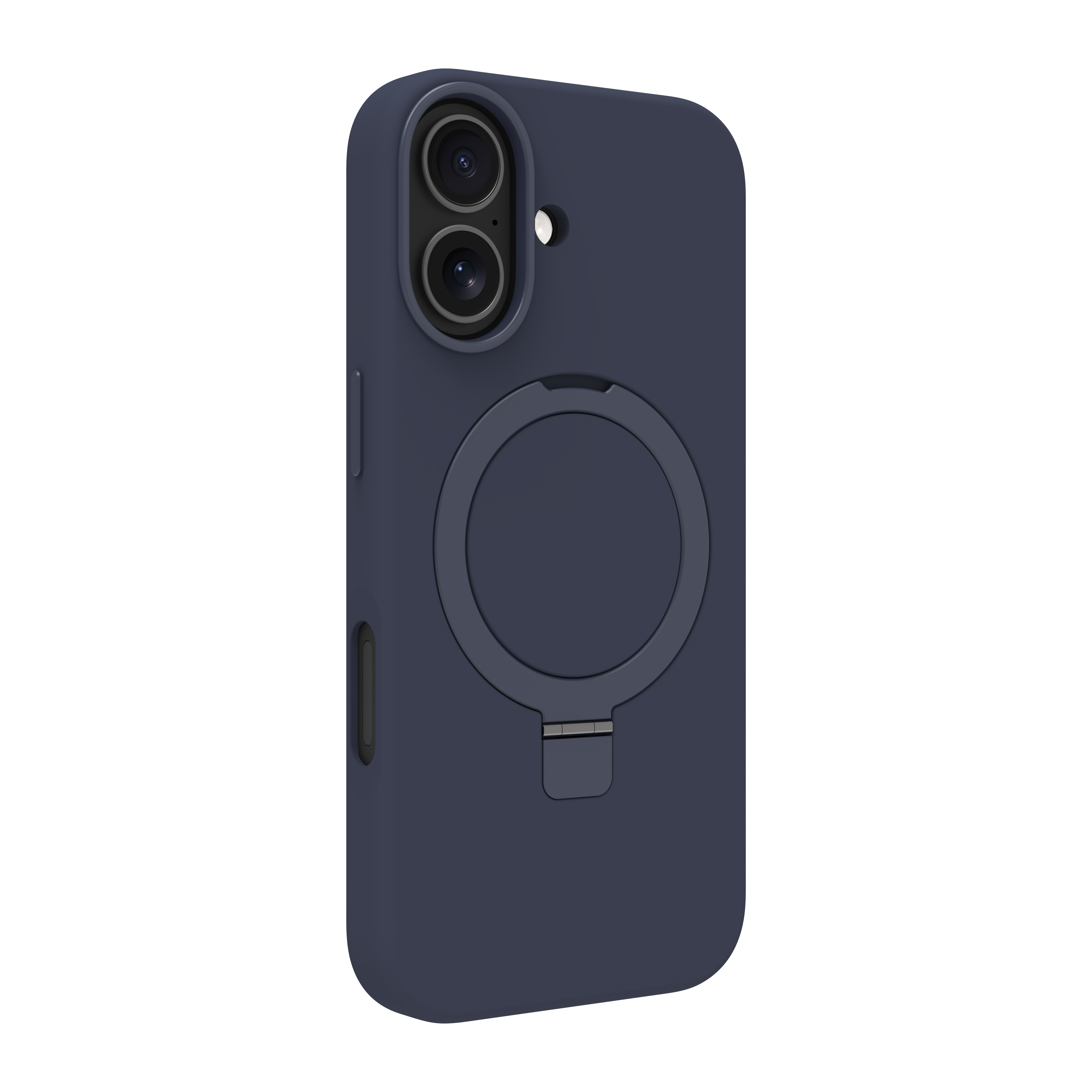 Custodia per telefono blu scuro con supporto ad anello su sfondo bianco. Doppia fotocamera e pulsanti.