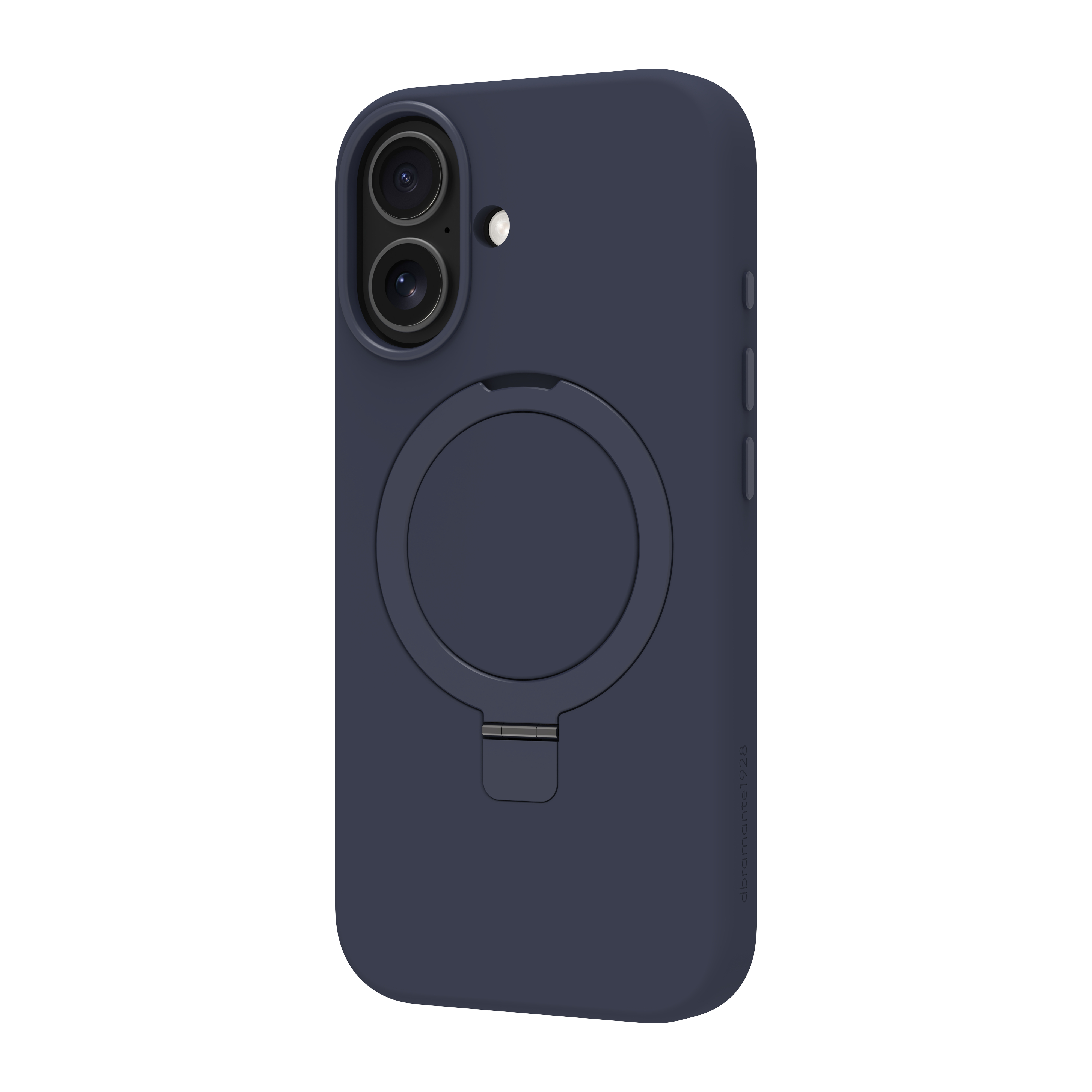Una custodia per telefono blu scuro con un supporto ad anello e ritagli per la fotocamera. Ha un supporto ed è su sfondo bianco.