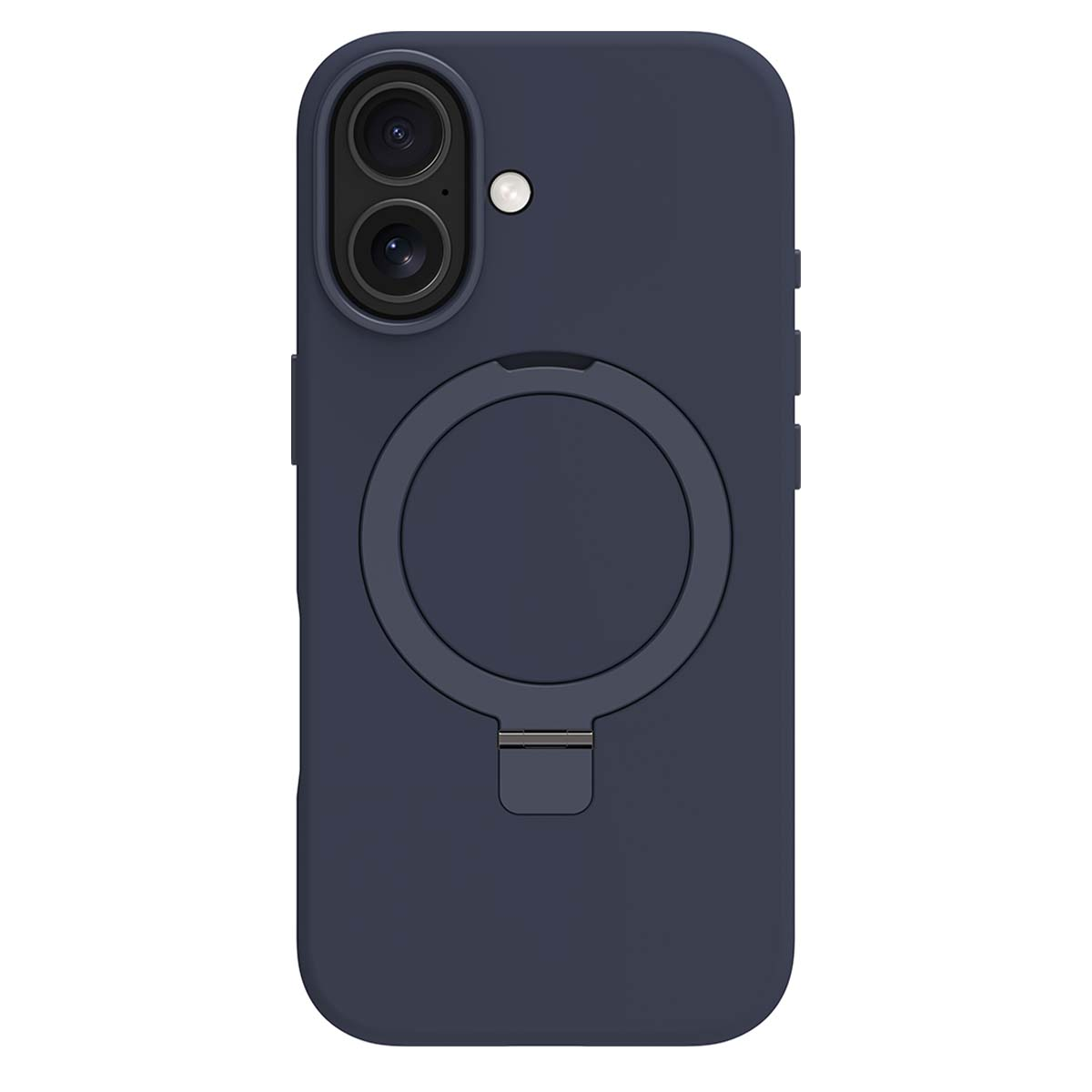 Una custodia per telefono blu scuro. Ha lenti della fotocamera in alto e un supporto circolare al centro.