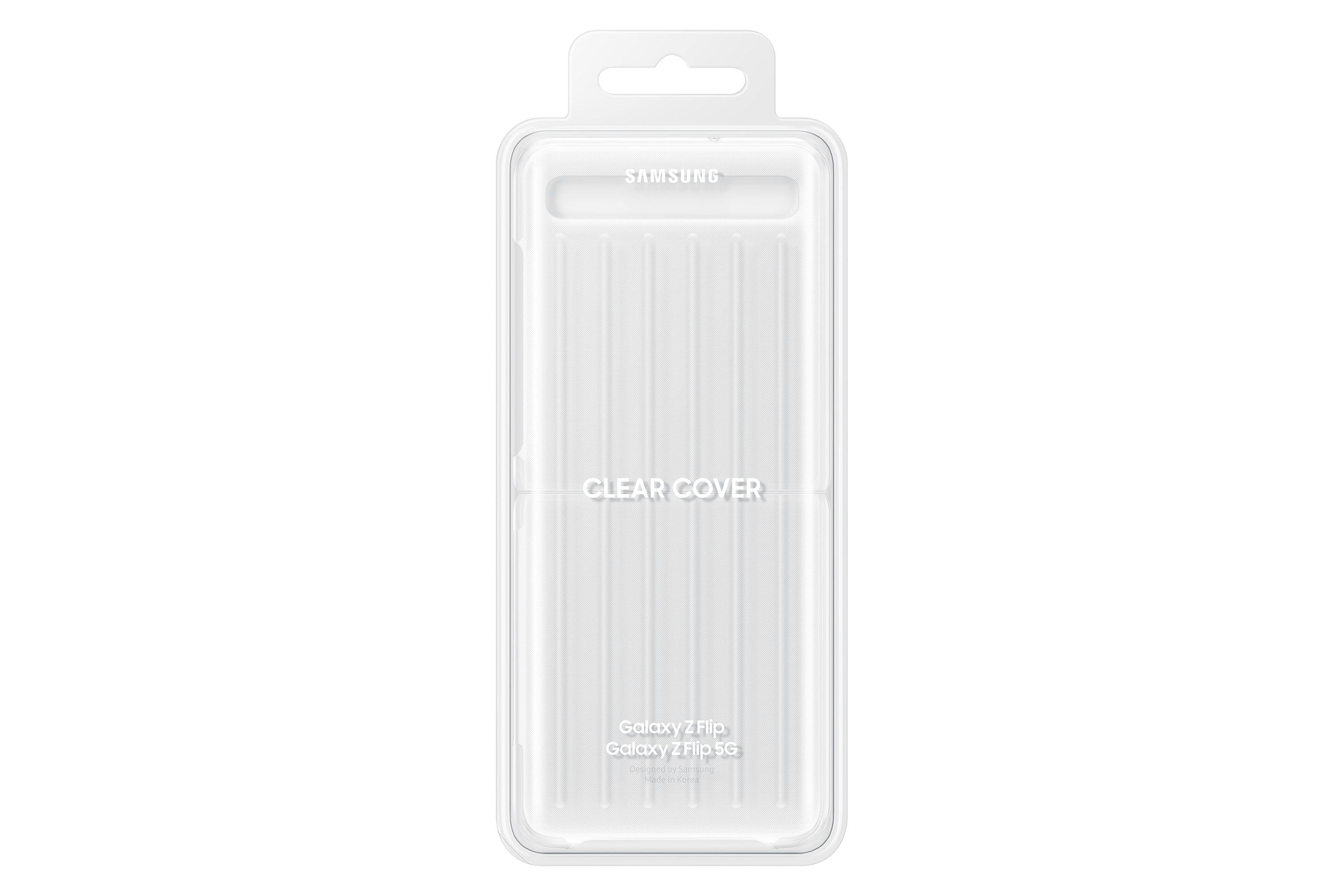 Custodia trasparente in plastica per telefono nella confezione. Logo Samsung in alto. 'Clear Cover' e dettagli del modello.