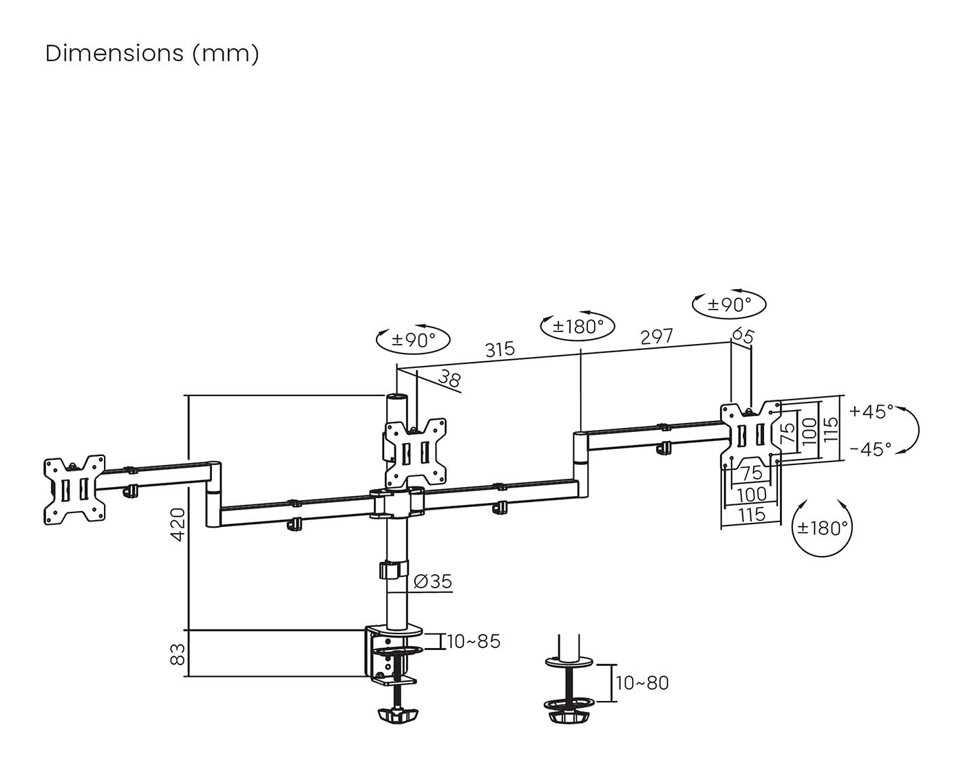 Diagrama de un soporte de monitor con dimensiones en mm. Muestra varias partes y ángulos, incluyendo medidas como 315, 297 y 420.