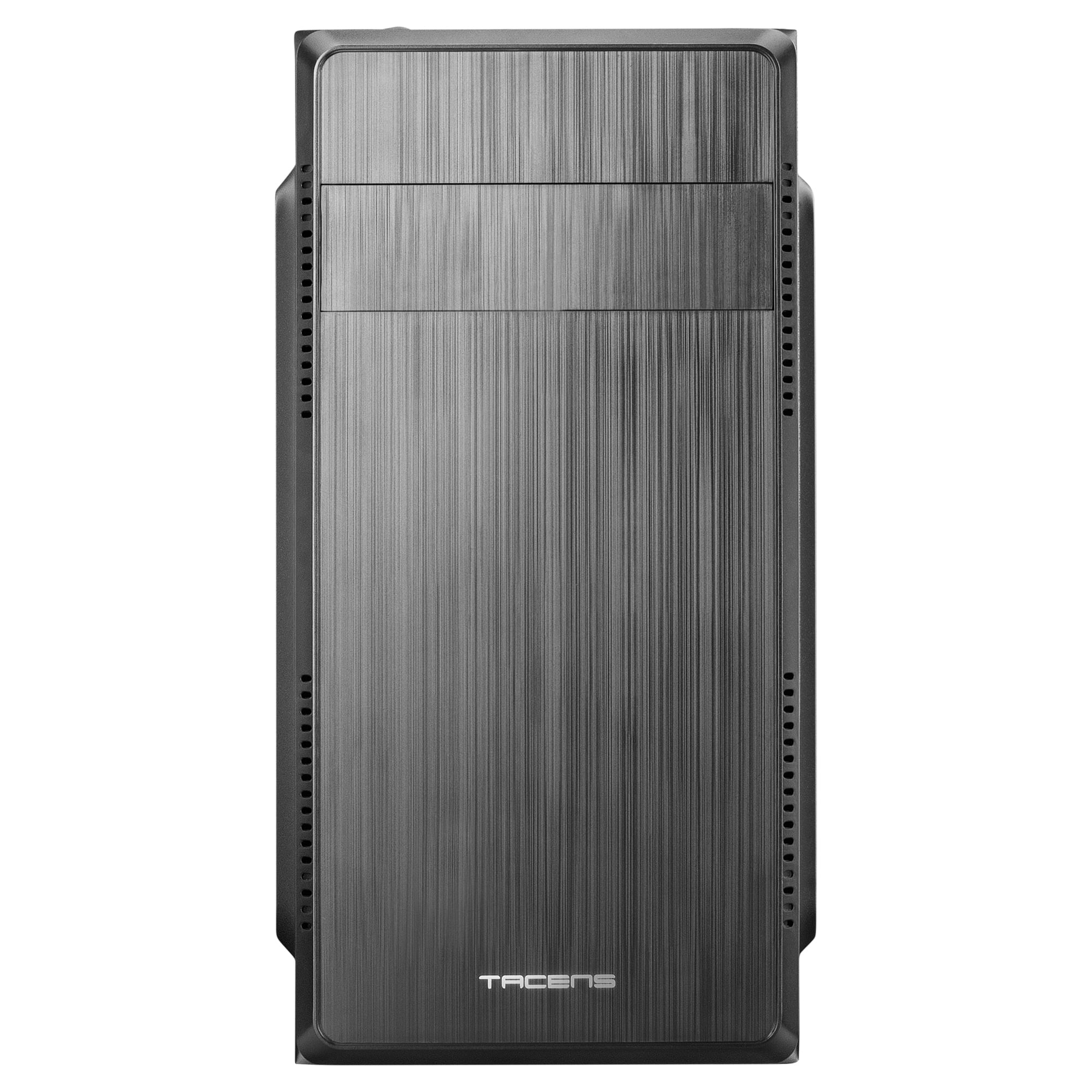 Un case per computer grigio scuro con texture metallica spazzolata verticale. Il marchio 'TACENS' in basso.