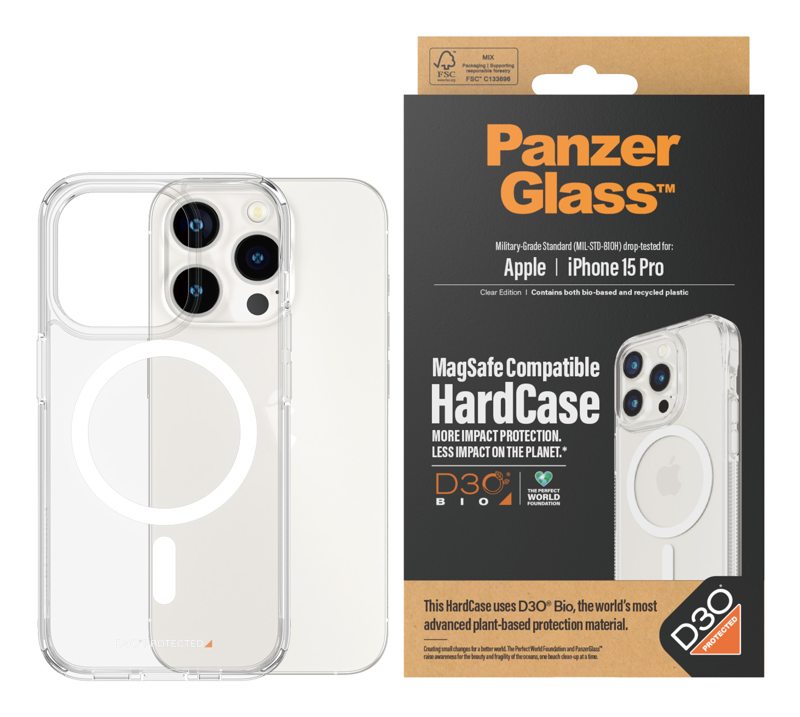 Transparente Handyhülle für iPhone 15 Pro mit Produktverpackung. Die Hülle hat einen MagSafe-Kreis. Die Verpackung enthält Text 'Panzer Glass'.