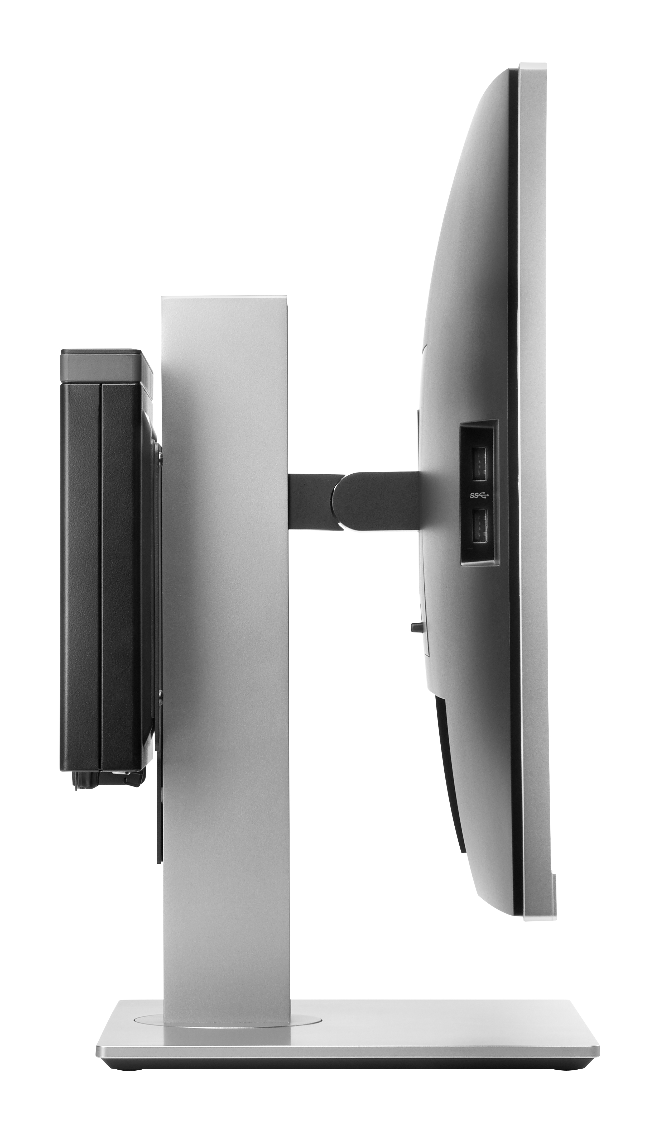 Un monitor di computer è mostrato di lato. Ha una CPU nera attaccata e un supporto. Lo sfondo è bianco.
