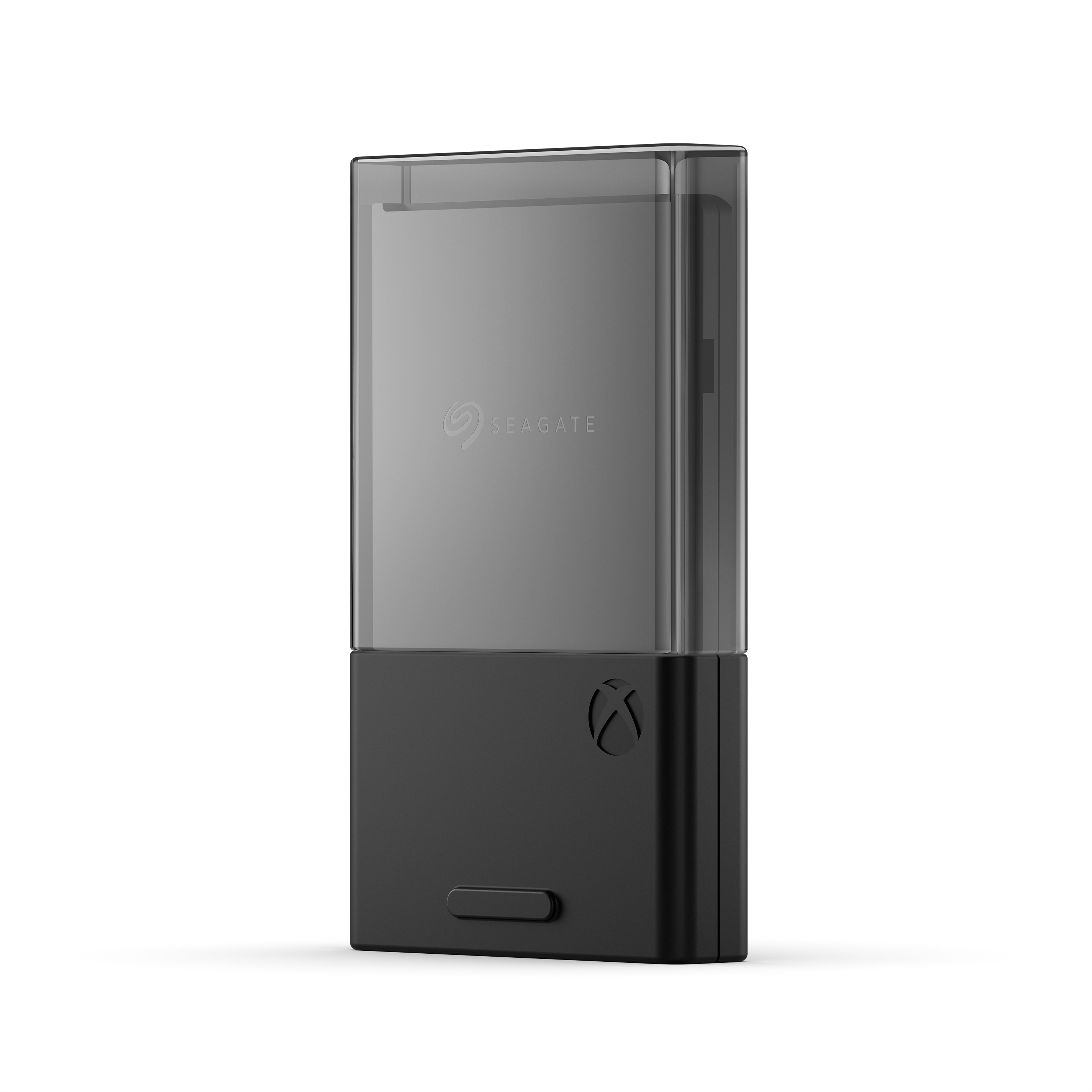 Un dispositivo di archiviazione Seagate Xbox nero e grigio. Ha una parte superiore trasparente e il logo Xbox.