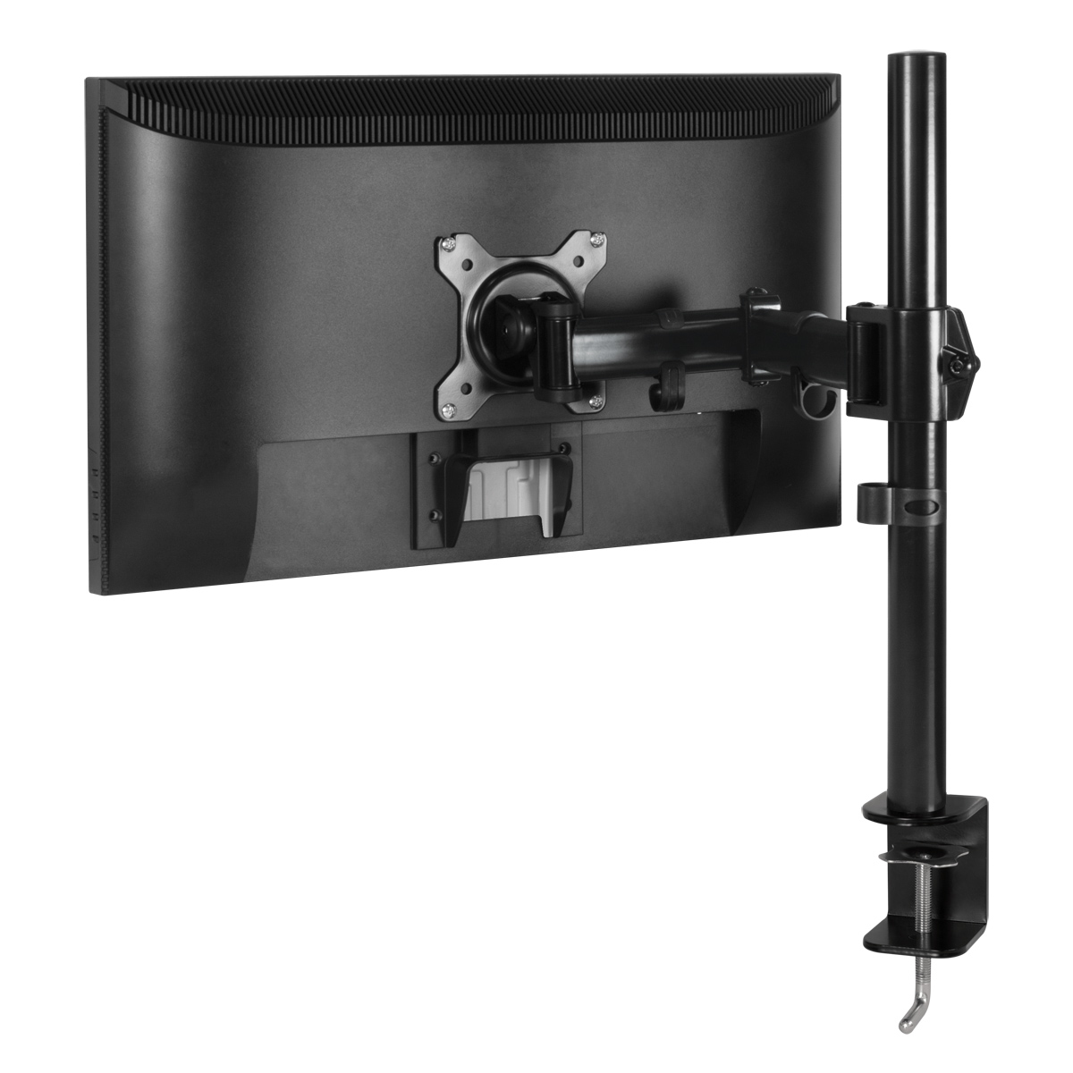 Rear view of a black computer monitor mounted on a black arm and pole. A clamp is visible at the bottom of the pole.
