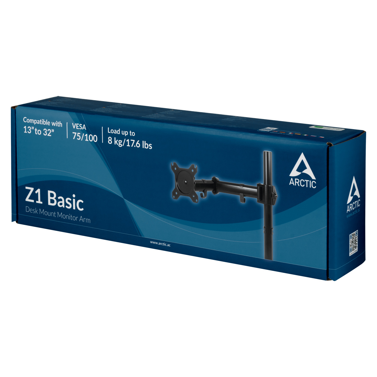 A blue box with a monitor arm on it. Text includes 'Z1 Basic', 'ARCTIC', and specifications for screen size and weight.