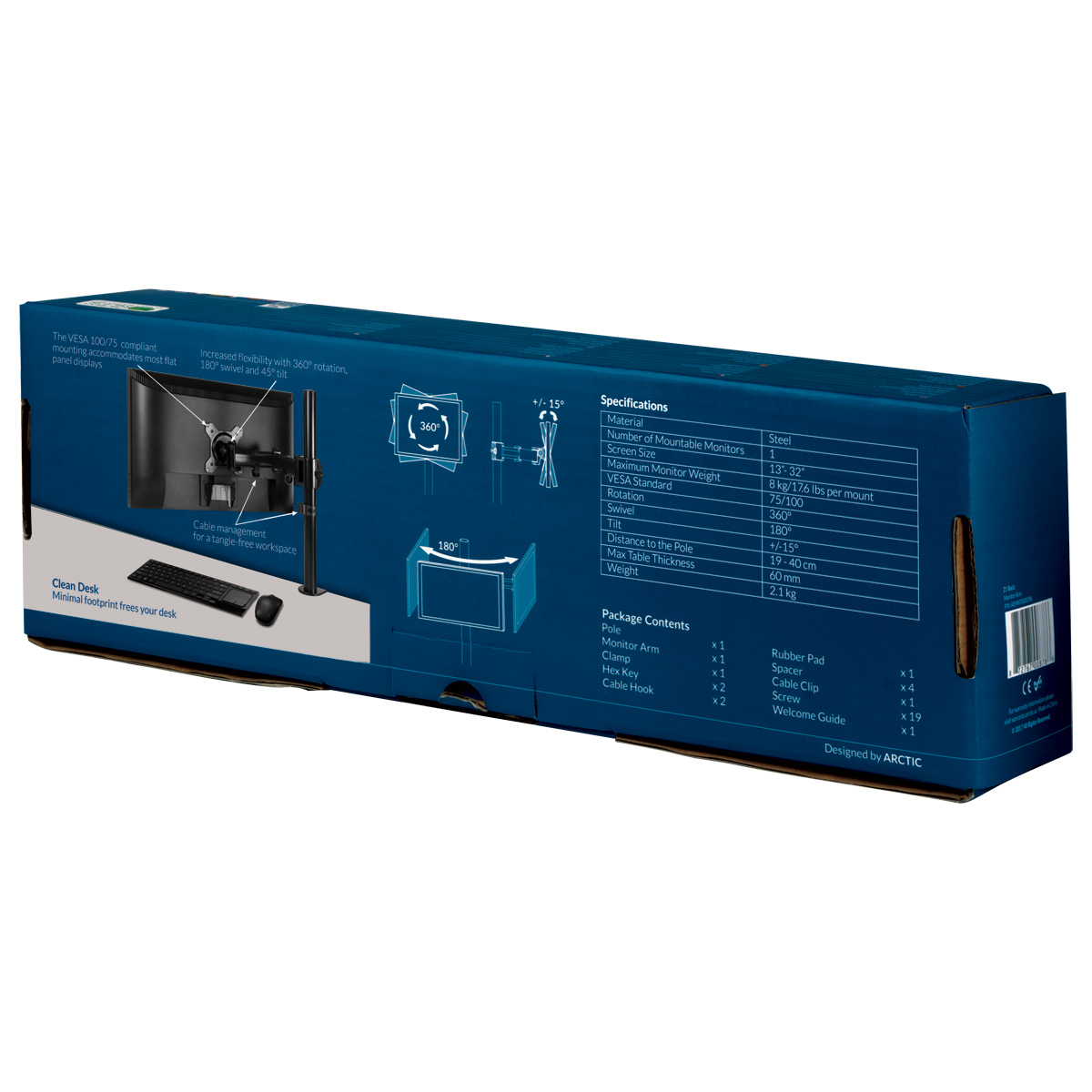 Box shows a monitor stand with specifications. It features a monitor, keyboard, and mouse, with text and diagrams.