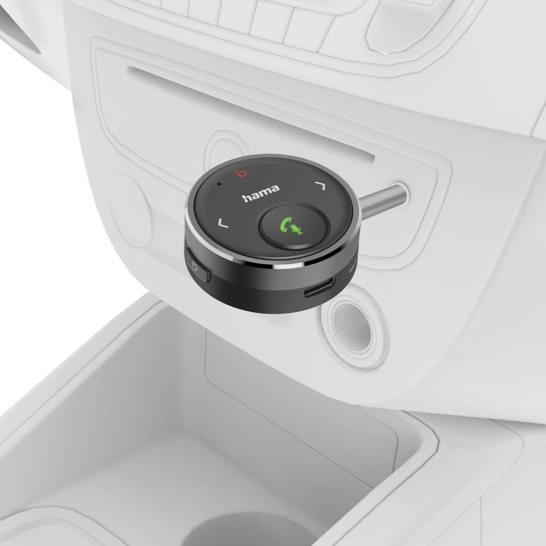 Ein schwarzes Hama Bluetooth-Gerät mit einem grünen Telefonsymbol. Es ist im Armaturenbrett eines Autos montiert. Der Hintergrund ist weiß.