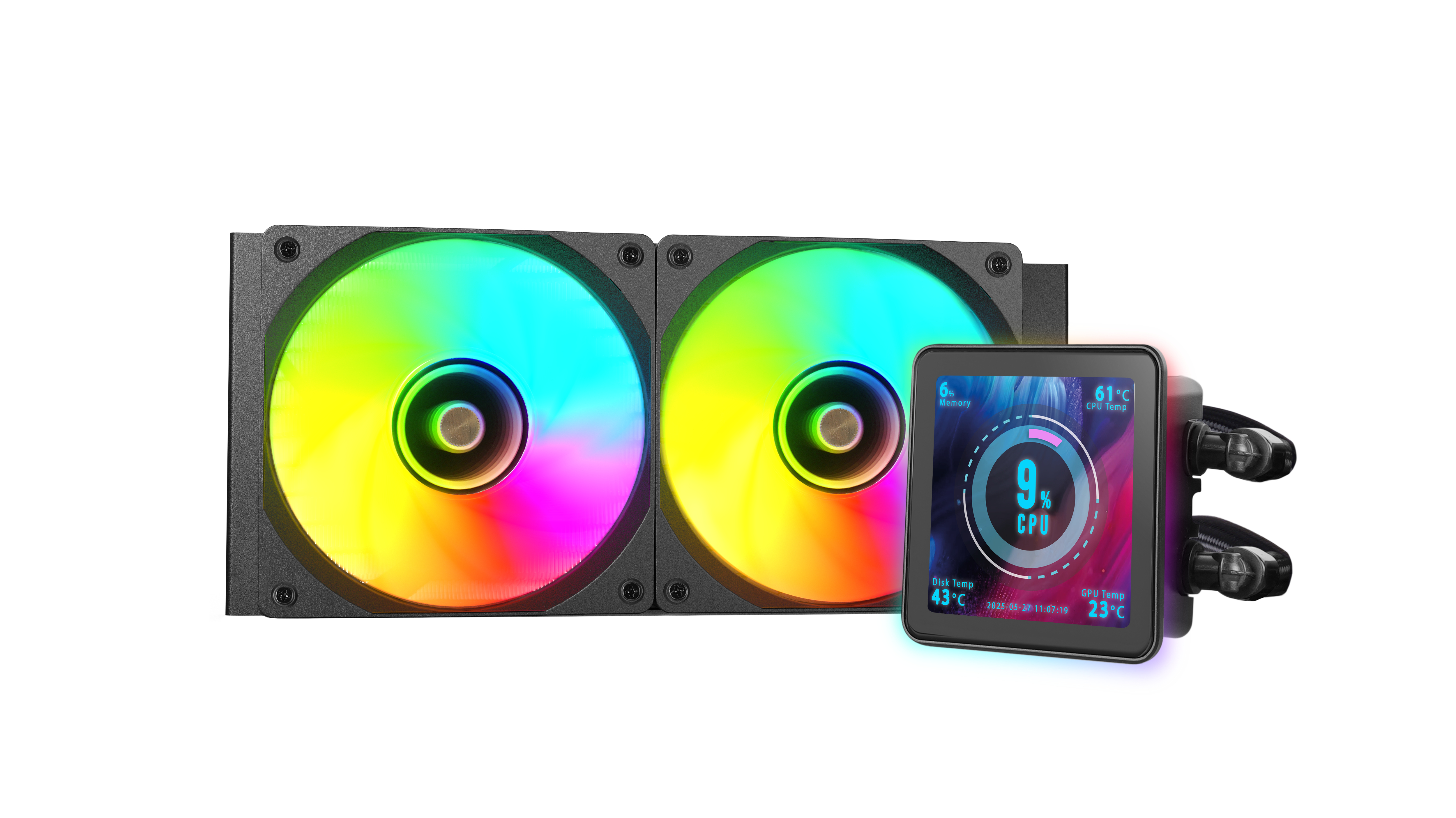 Un dissipatore a liquido per computer con due ventole colorate e un piccolo display che mostra i dati della CPU e della temperatura.