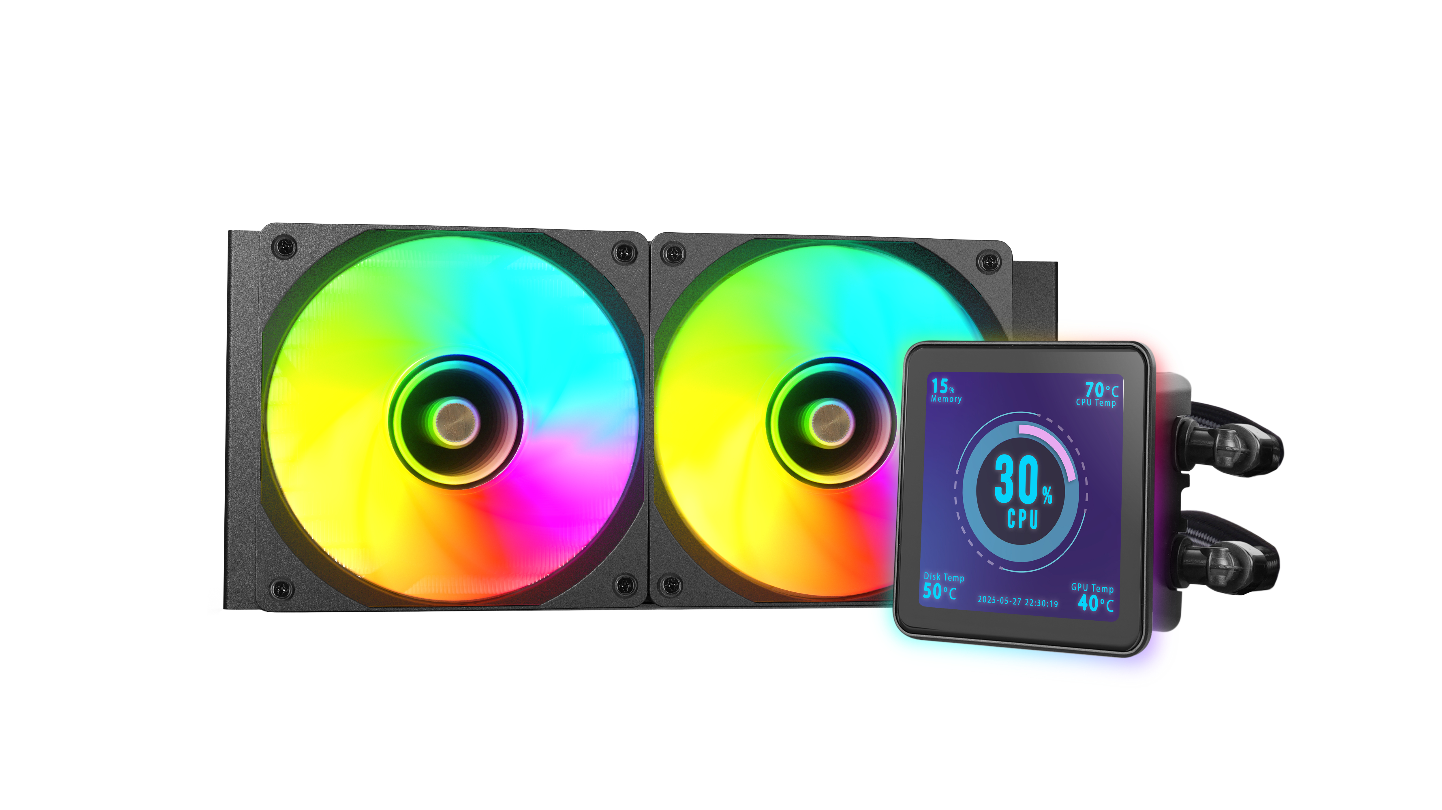Un dissipatore per computer con due ventole arcobaleno. Uno schermo mostra l'utilizzo della CPU, la memoria e le temperature.
