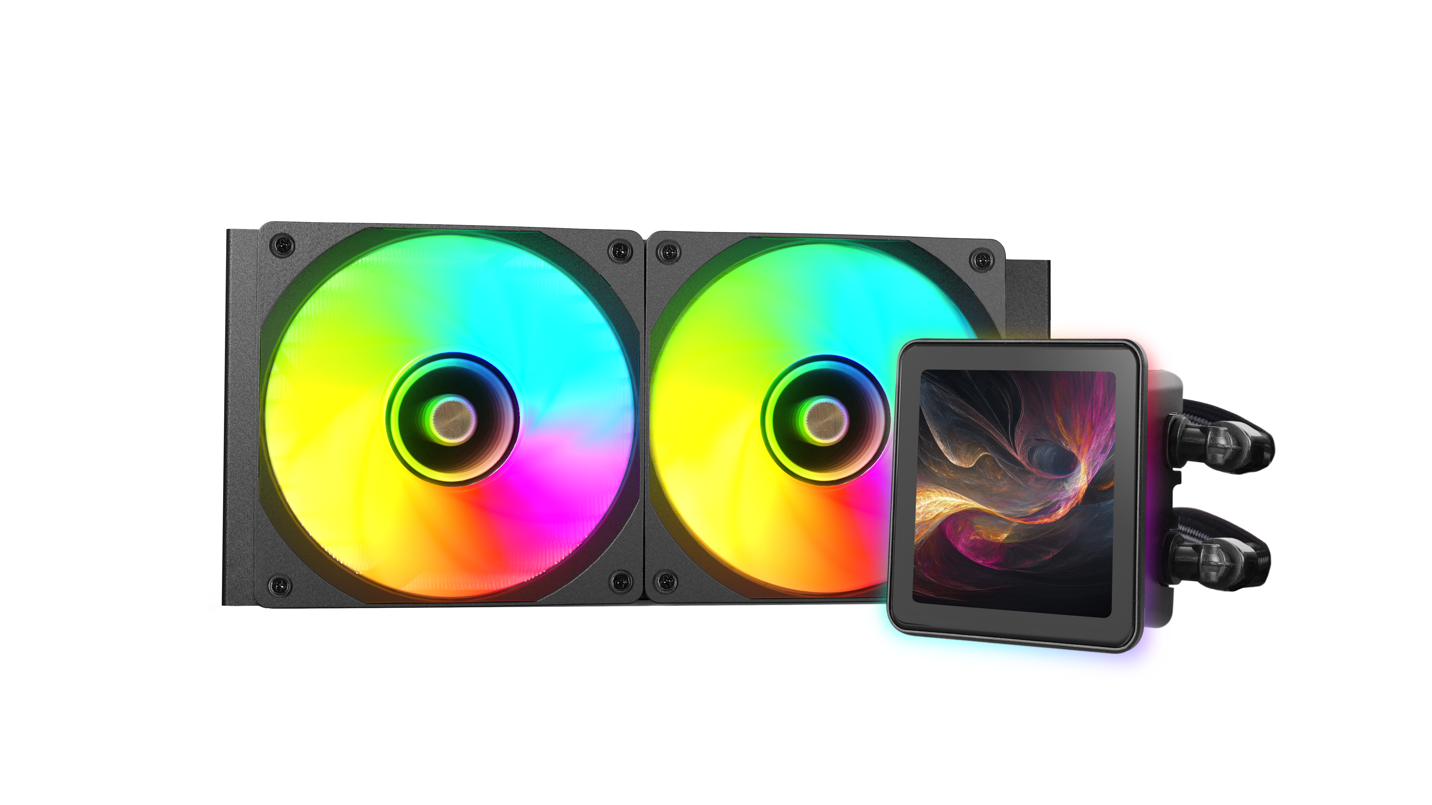 Un dissipatore a liquido per computer con due ventole e uno schermo che mostra un'immagine astratta colorata.