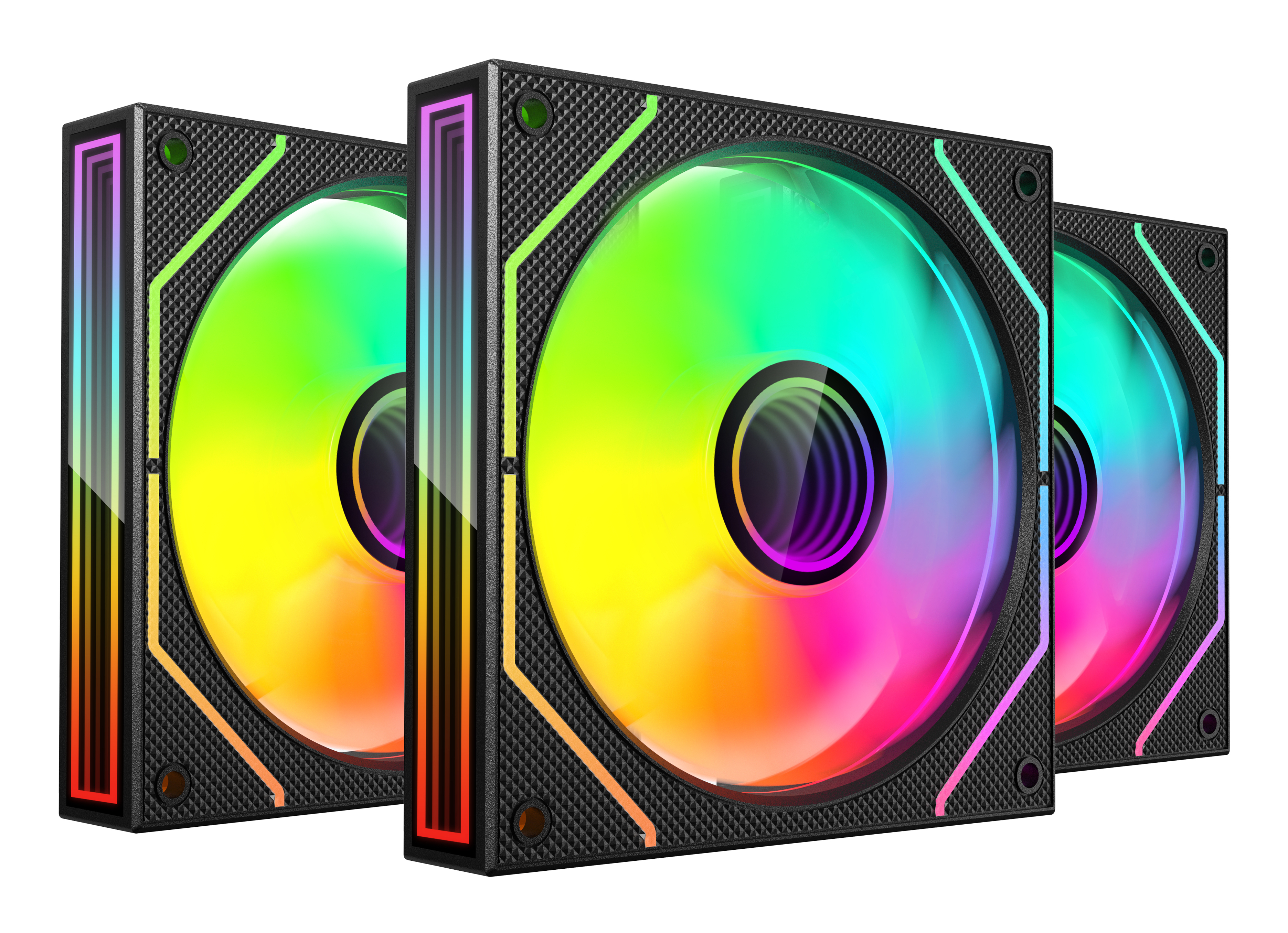 Drei Computerlüfter mit farbigen LED-Leuchten. Schwarze Rahmen mit strukturierter Oberfläche. Regenbogenfarben in den Lüftern.