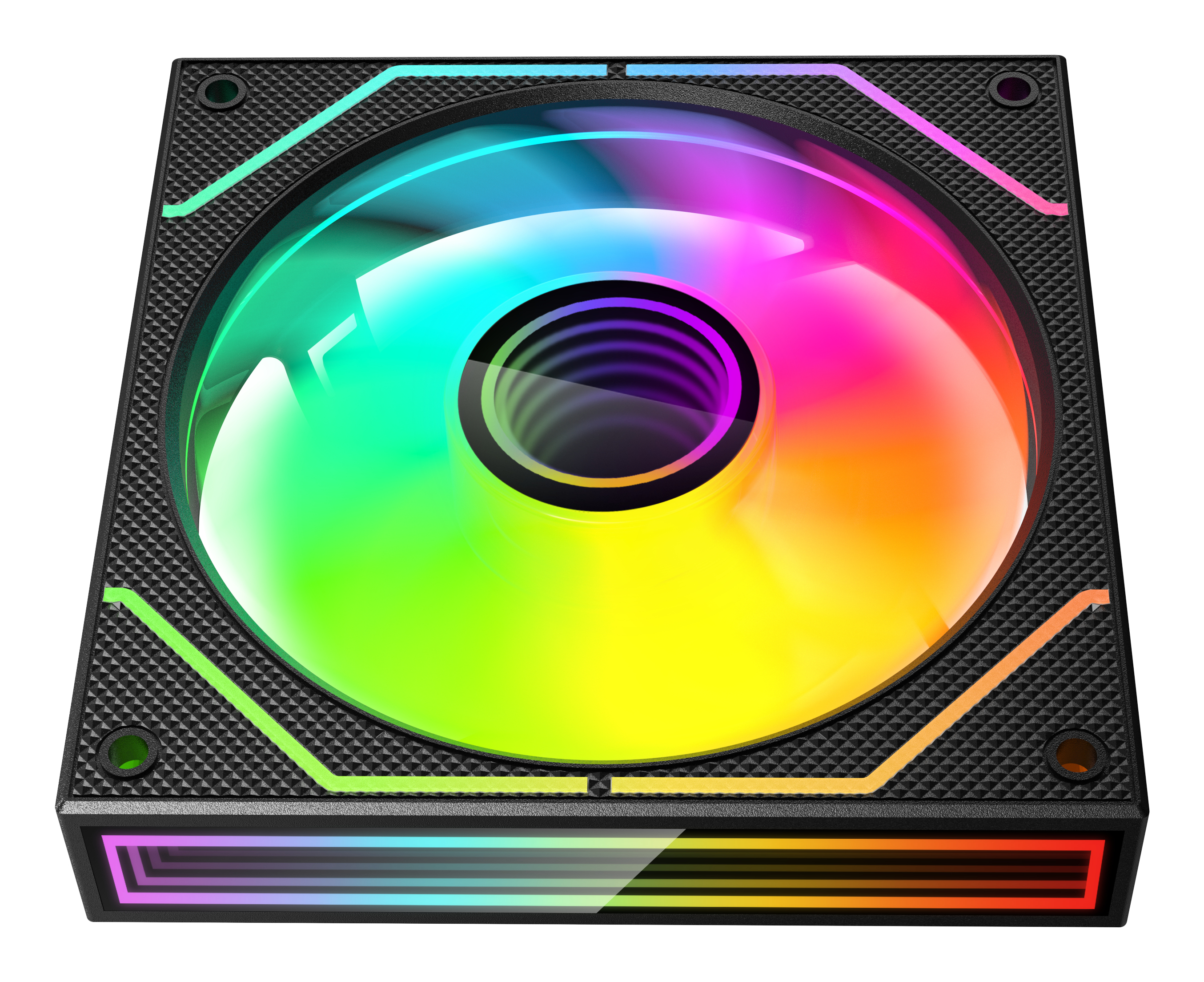 Ein Computerlüfter mit schwarzem Rahmen und Regenbogen-Lichteffekt in der Mitte. Der Hintergrund ist weiß.