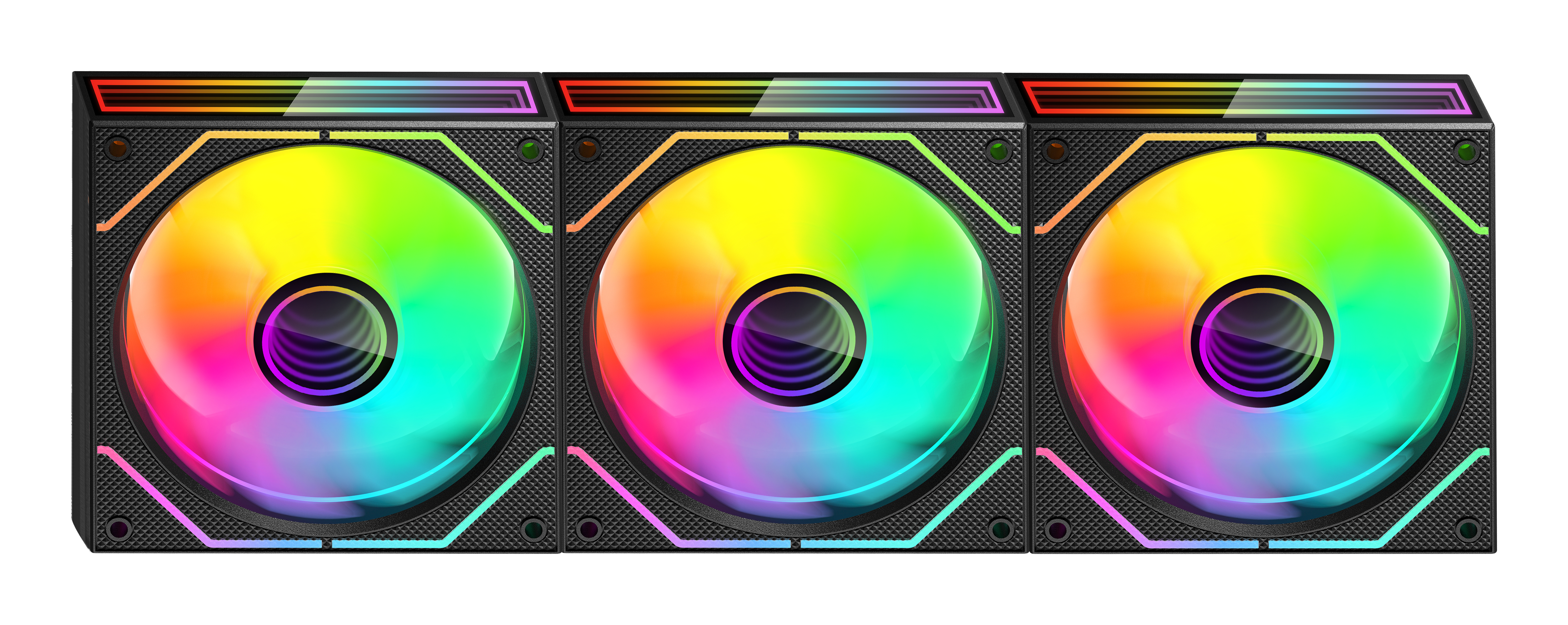 Drei Computerlüfter mit bunten LED-Leuchten. Jeder Lüfter hat einen zentralen Kreis mit Regenbogen-Gradienteneffekt.