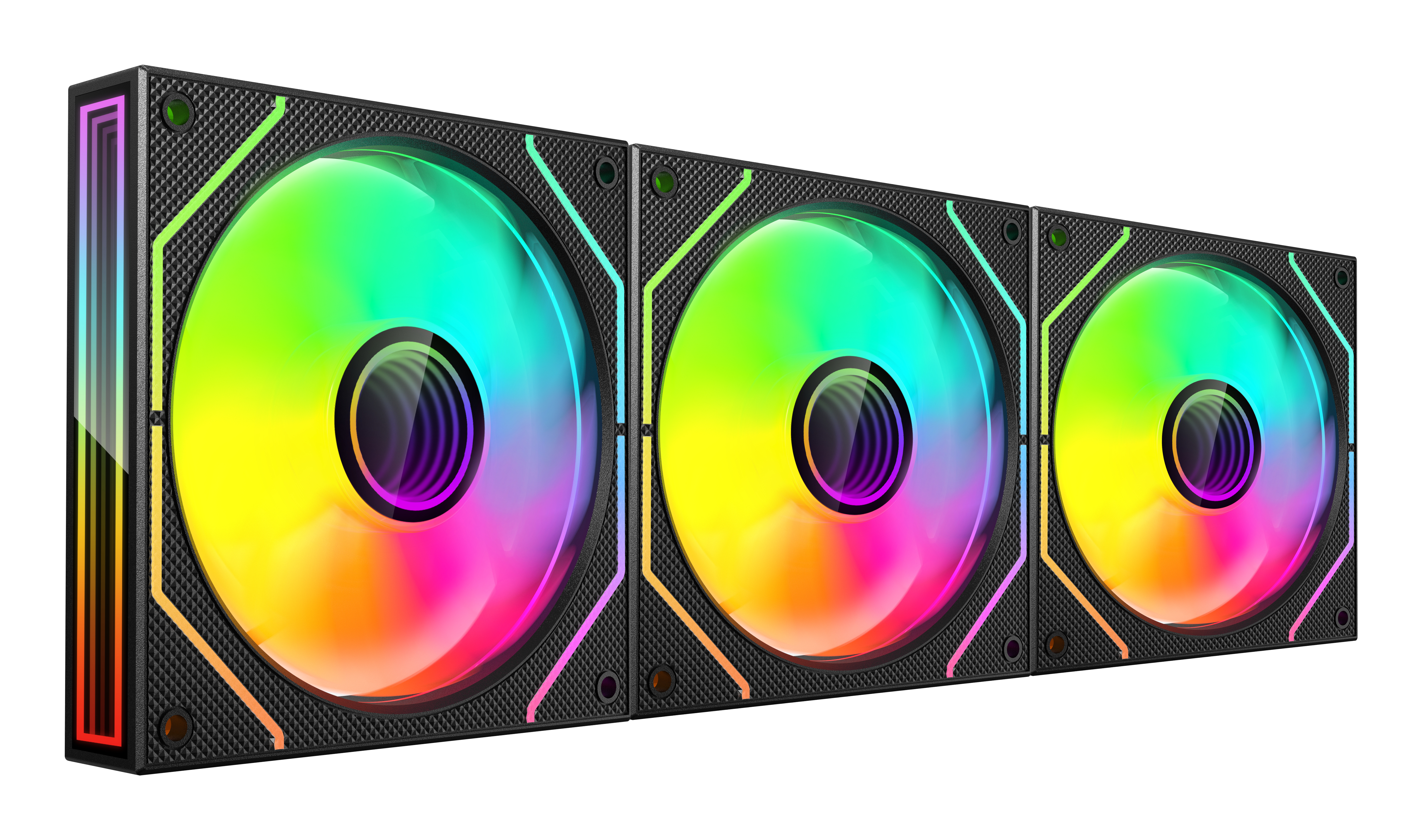 Drei Computerlüfter mit farbenfrohen LED-Leuchten. Jeder Lüfter hat einen schwarzen Rahmen und eine zentrale Nabe. Der Hintergrund ist weiß.