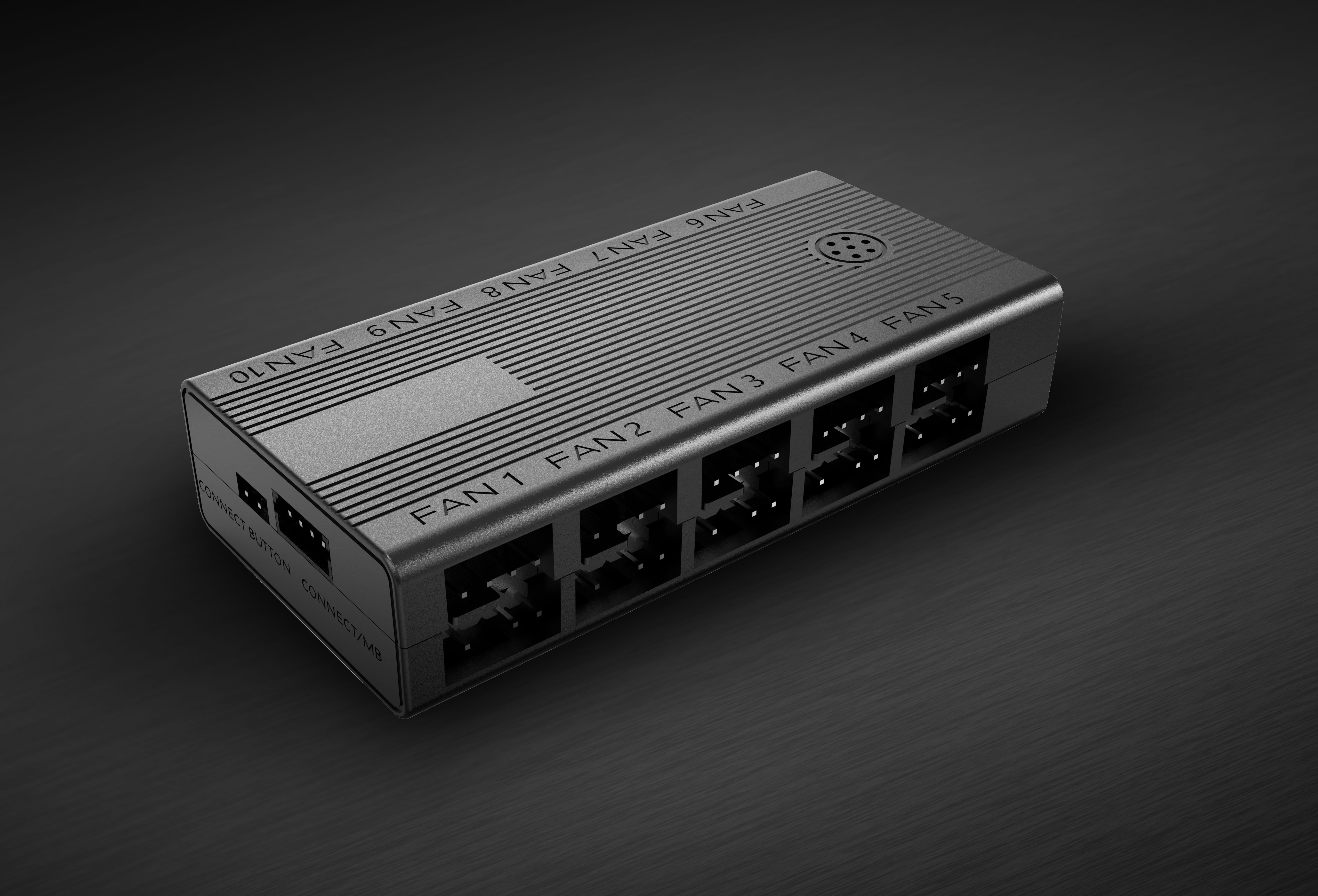 Ein schwarzer Lüfter-Controller mit mehreren Anschlüssen, beschriftet mit FAN1 bis FAN10. Der Hintergrund ist ebenfalls schwarz.