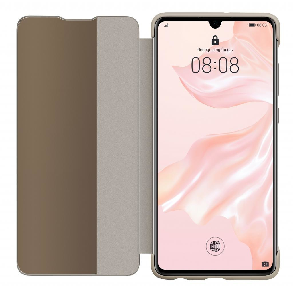 Ein Smartphone in einer braunen Hülle zeigt die Uhrzeit 08:08. Der Bildschirm zeigt ein Fingerabdrucksymbol und eine Kamera.