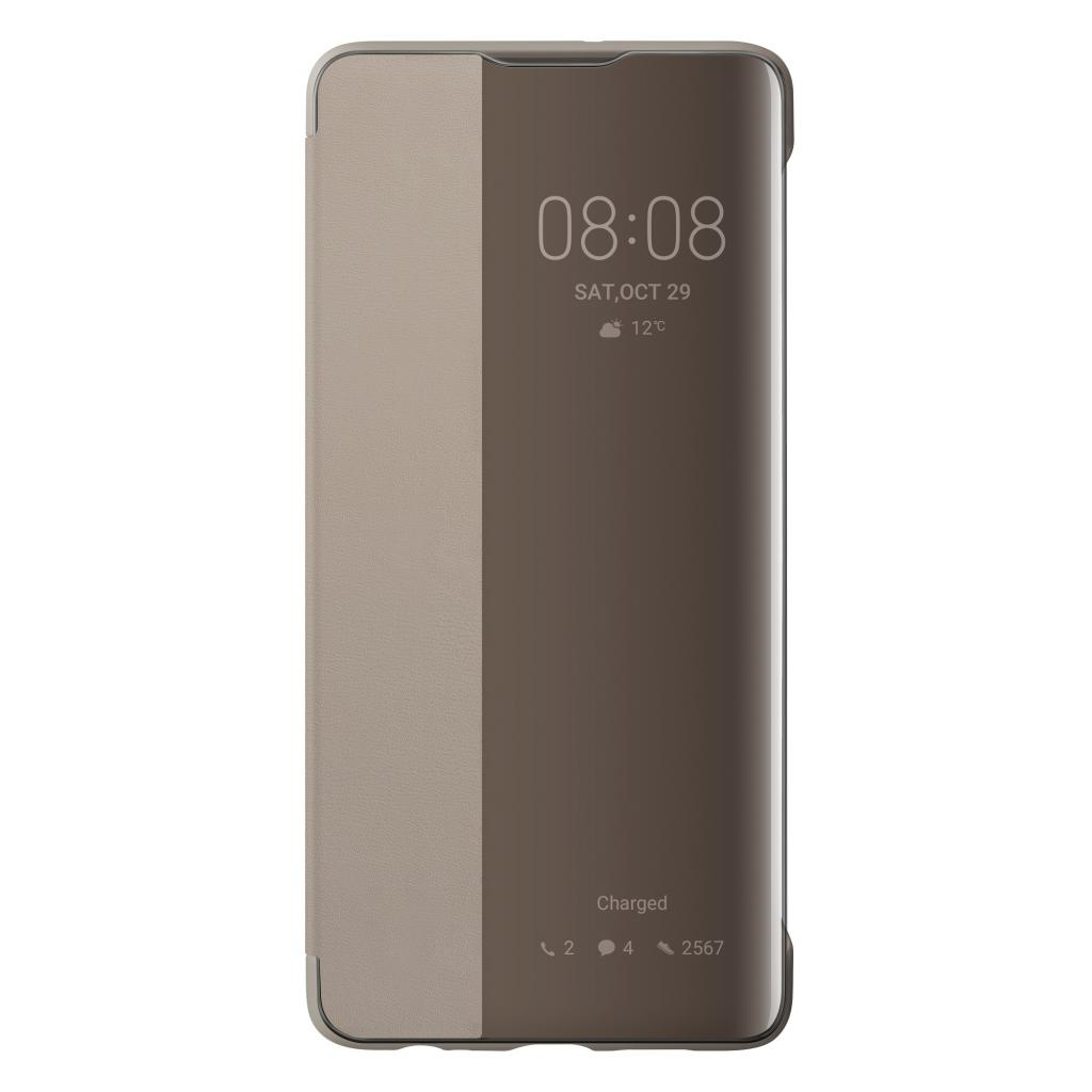 Eine Handyhülle zeigt Uhrzeit, Datum und Temperatur an. Die Hülle ist beige und braun. Es zeigt aufgeladen mit Batteriedetails.