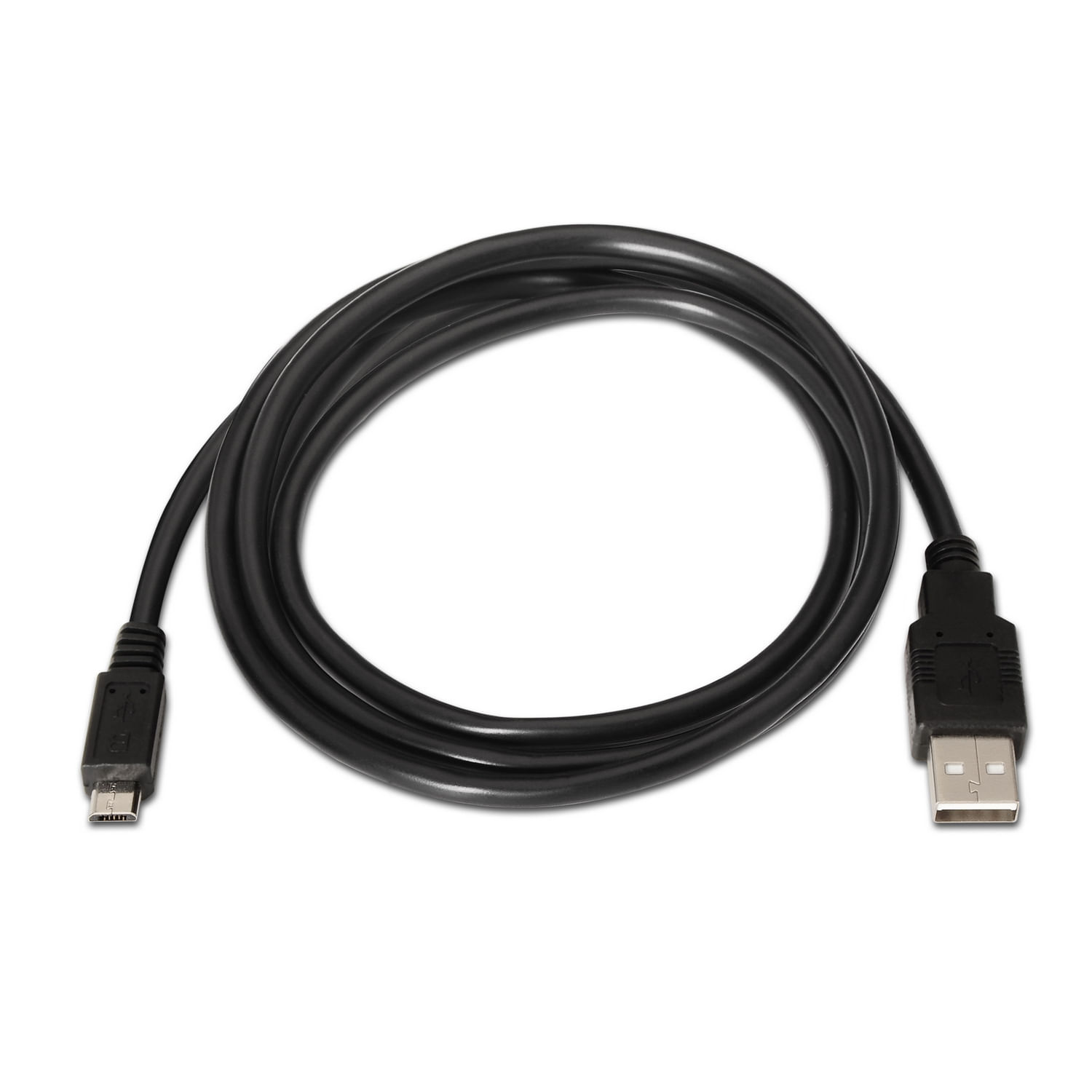 Un cavo USB nero è arrotolato su una superficie bianca. Ha un connettore micro-USB e USB-A a ciascuna estremità.