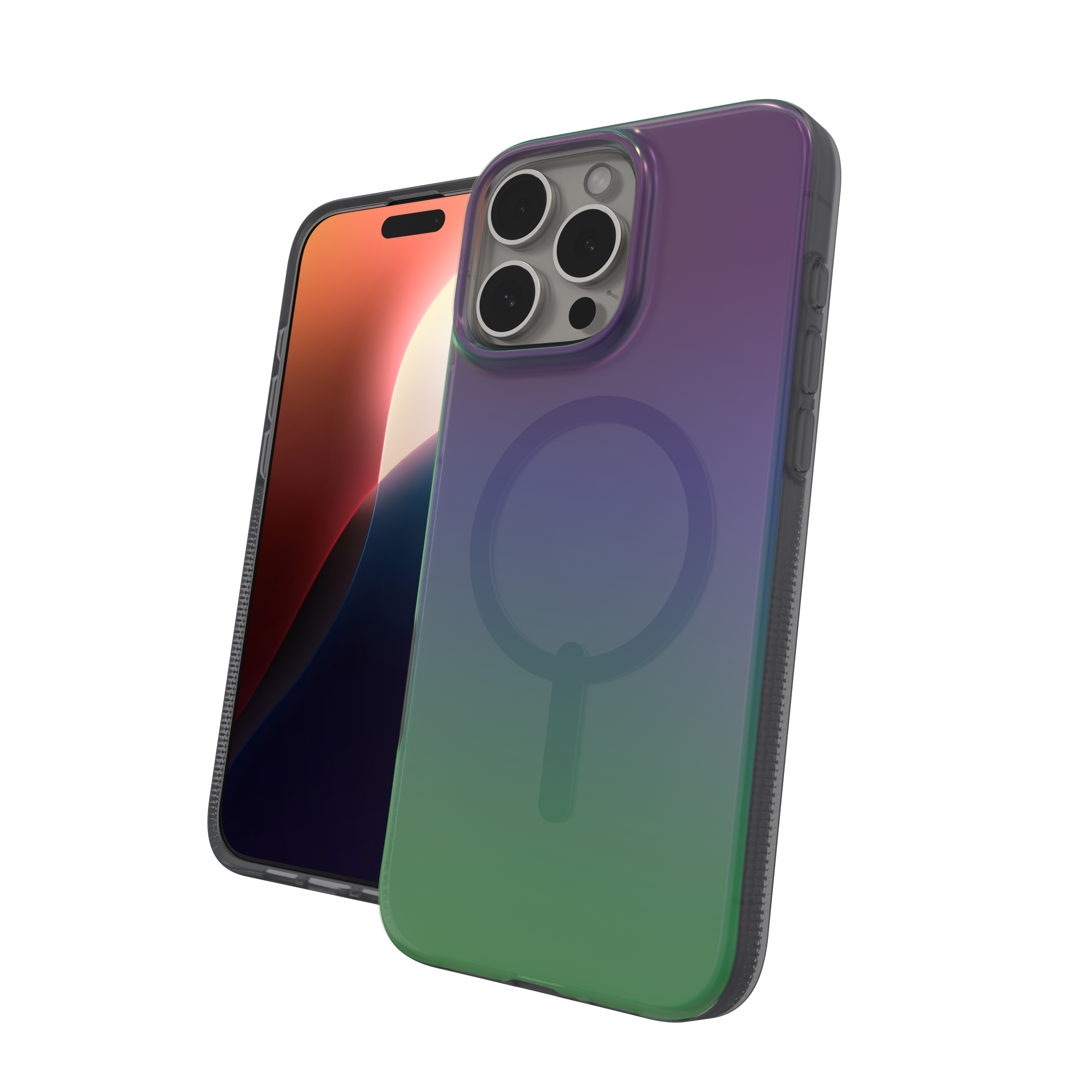 Un iPhone avec un étui dégradé vert-violet est affiché. Le téléphone a un écran visible sur le côté gauche.