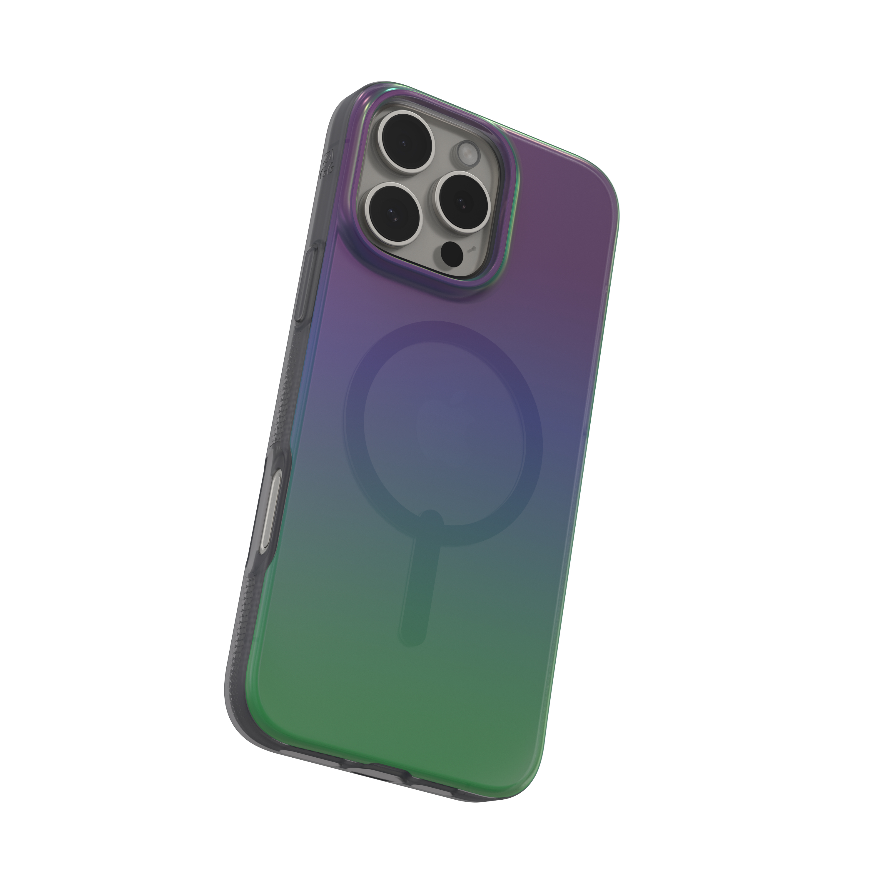 Une coque de téléphone avec un dégradé de vert à violet. Elle a une découpe pour l'appareil photo et un cercle MagSafe transparent.