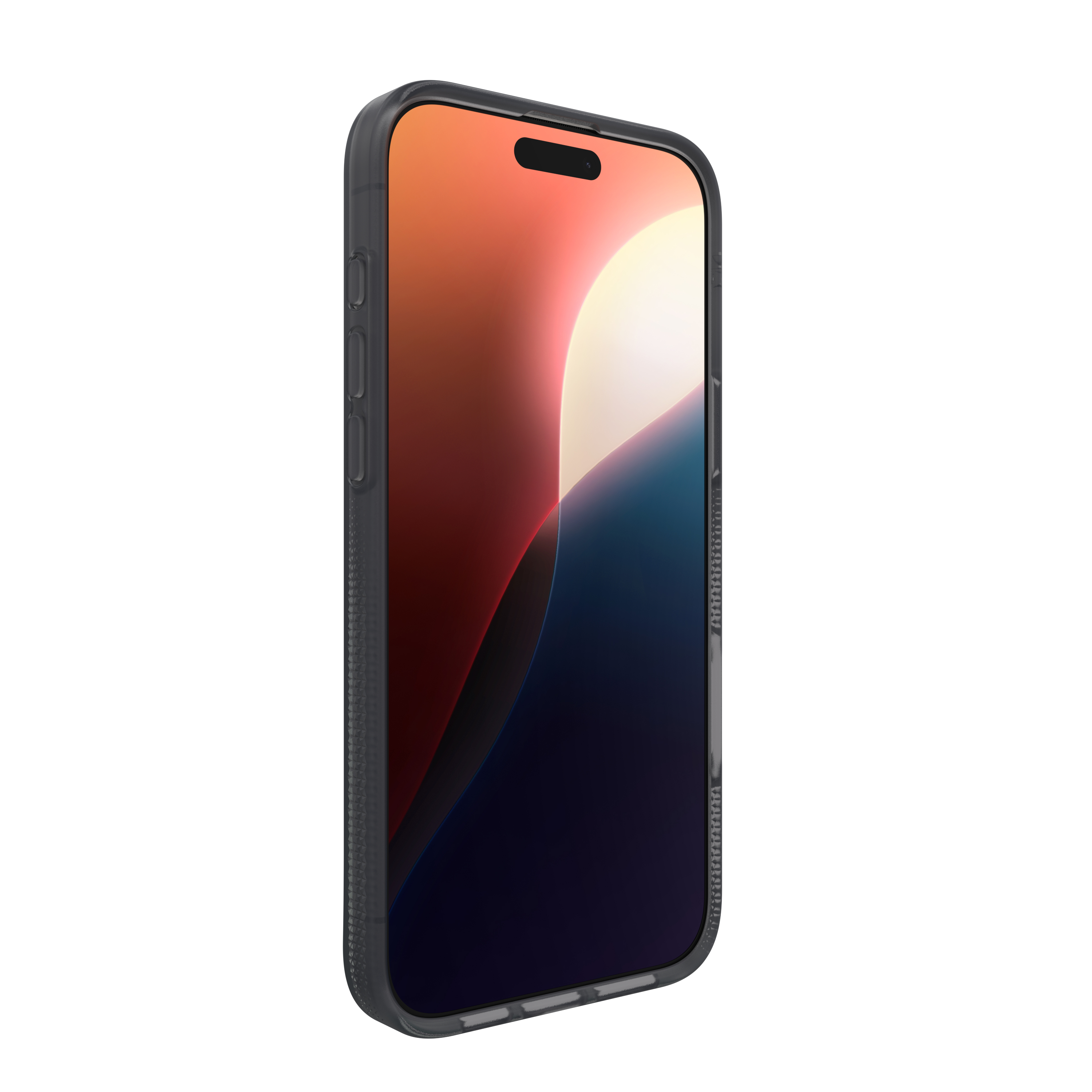 Un smartphone dans un étui gris foncé. L'écran affiche un dégradé coloré. Le téléphone est incliné vers la droite.