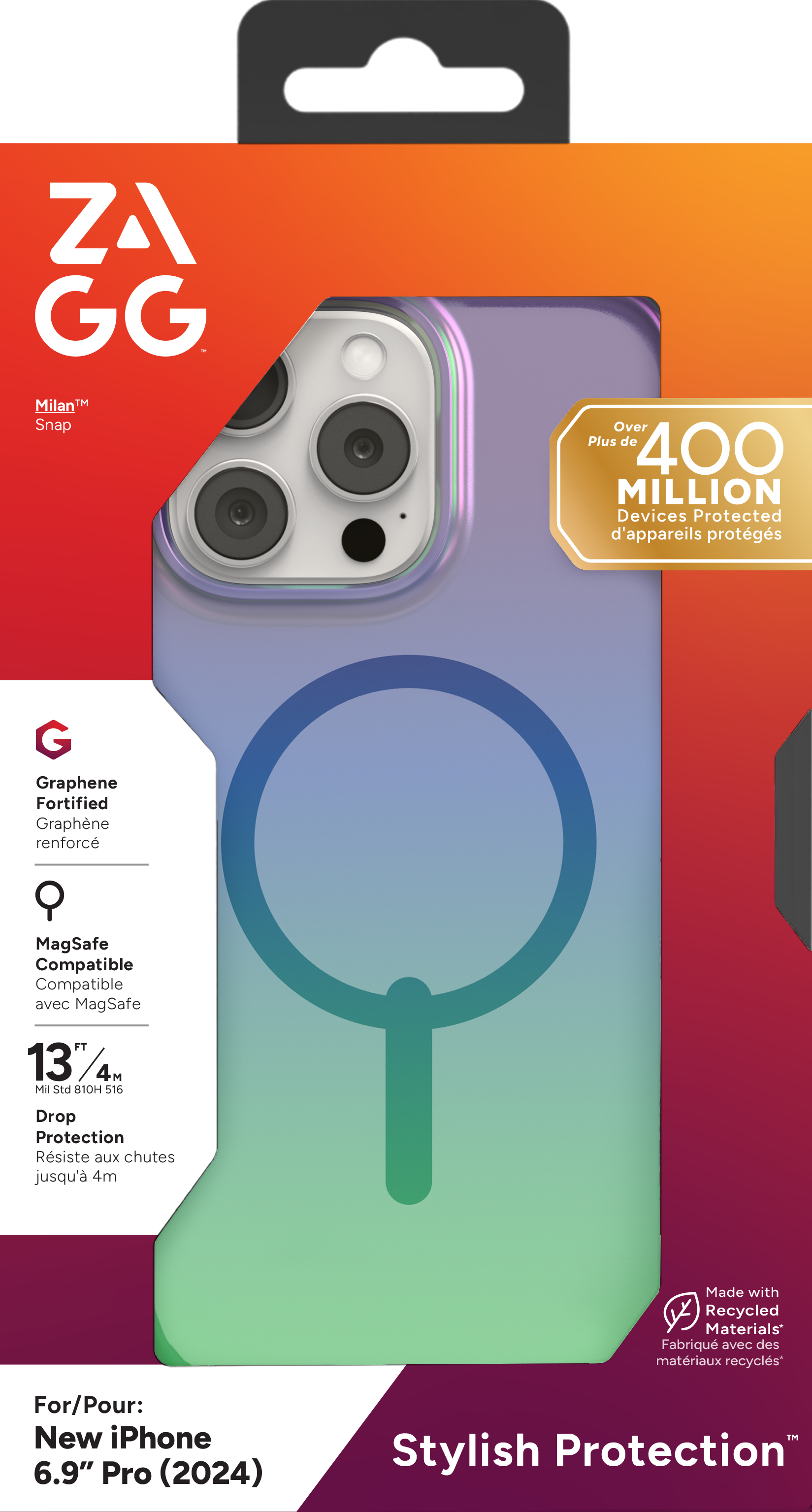 Une boîte de coque de téléphone avec coque, logo de la marque et protections.