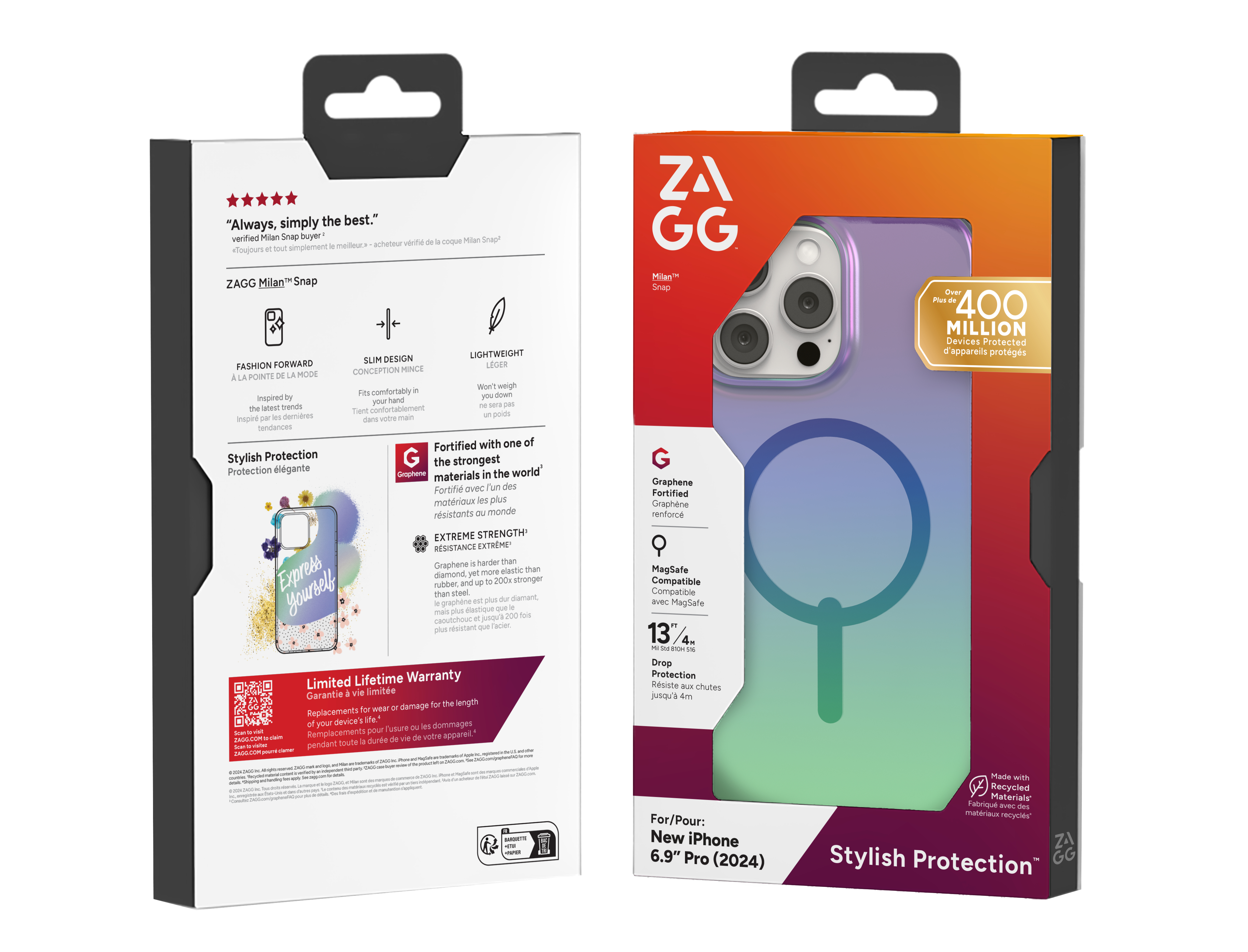 Emballage d'une coque de téléphone. Présente la coque, les détails du produit et la marque.