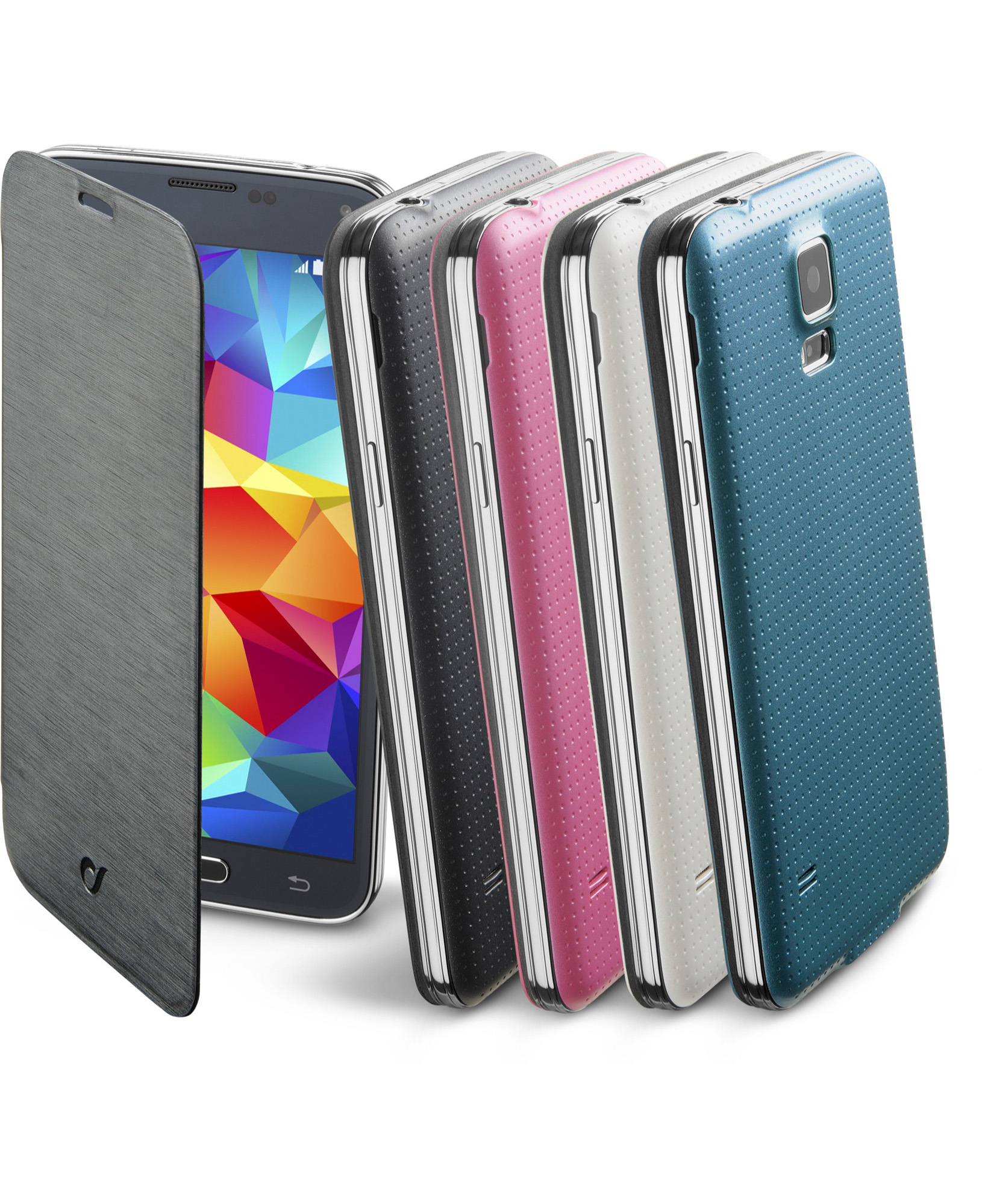 Ein Smartphone mit farbenfrohem Bildschirm neben mehreren Handyhüllen in verschiedenen Farben, darunter Schwarz, Pink und Blaugrün.