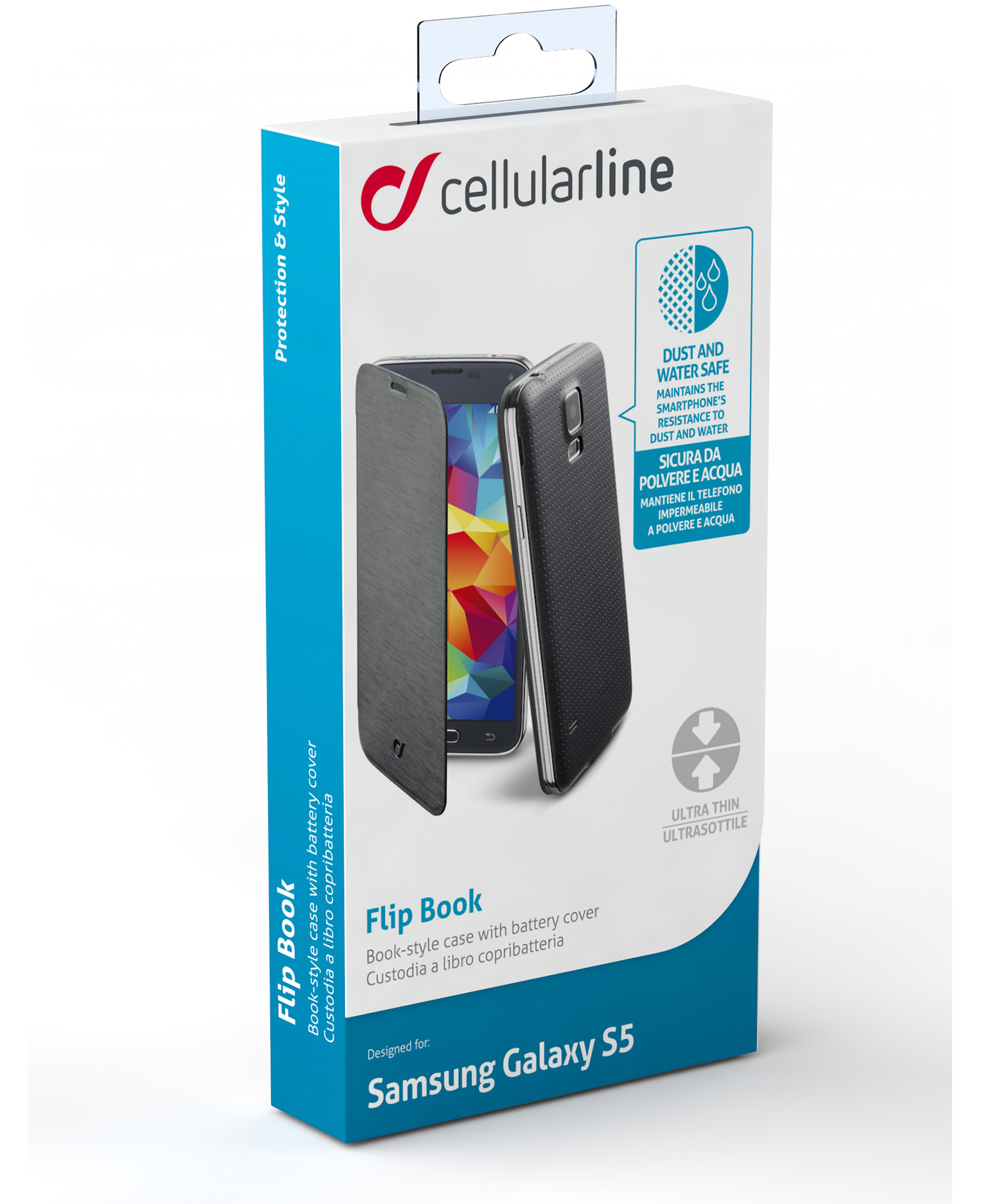 Eine Telefonhülle-Box mit einem Telefonbild. Der Text lautet 'Flip Book' und 'Samsung Galaxy S5'.