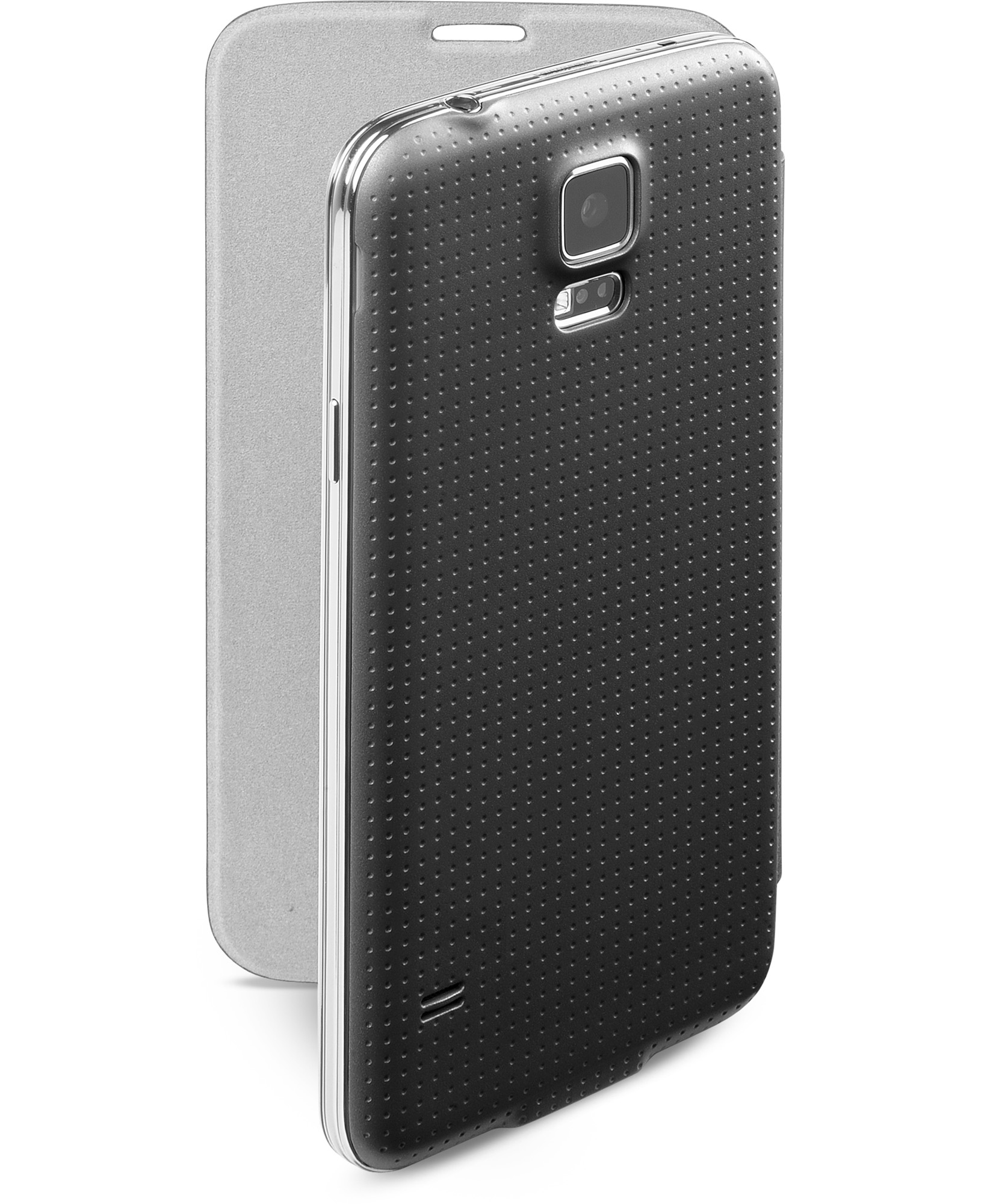 Eine schwarze Handyhülle mit strukturierter Oberfläche, offen, um eine silberne Innenhülle zu zeigen. Telefonkamera sichtbar.