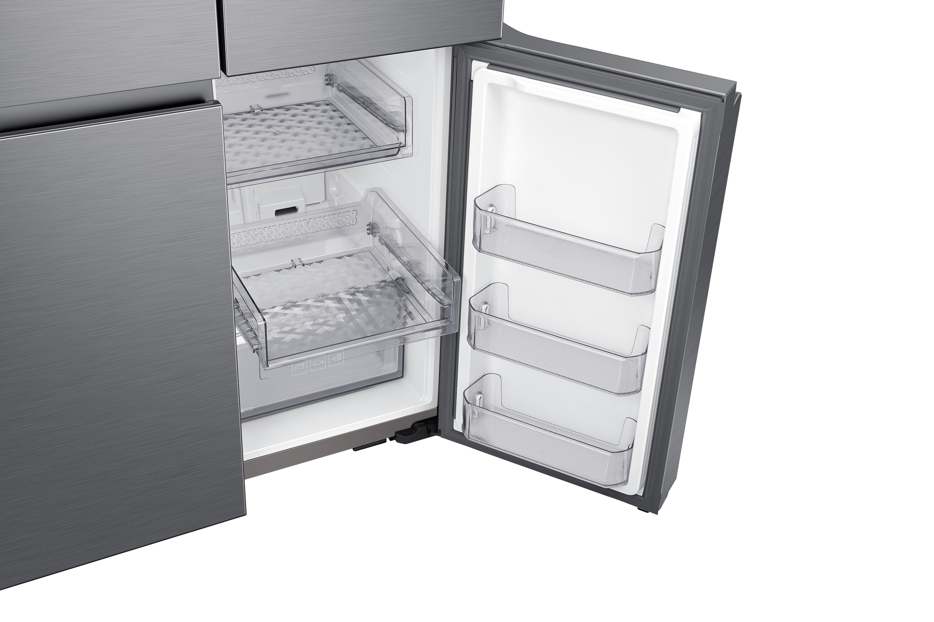 Un frigorifero moderno e aperto. Mostra contenitori e ripiani trasparenti. Porte in acciaio inox. Interno bianco.