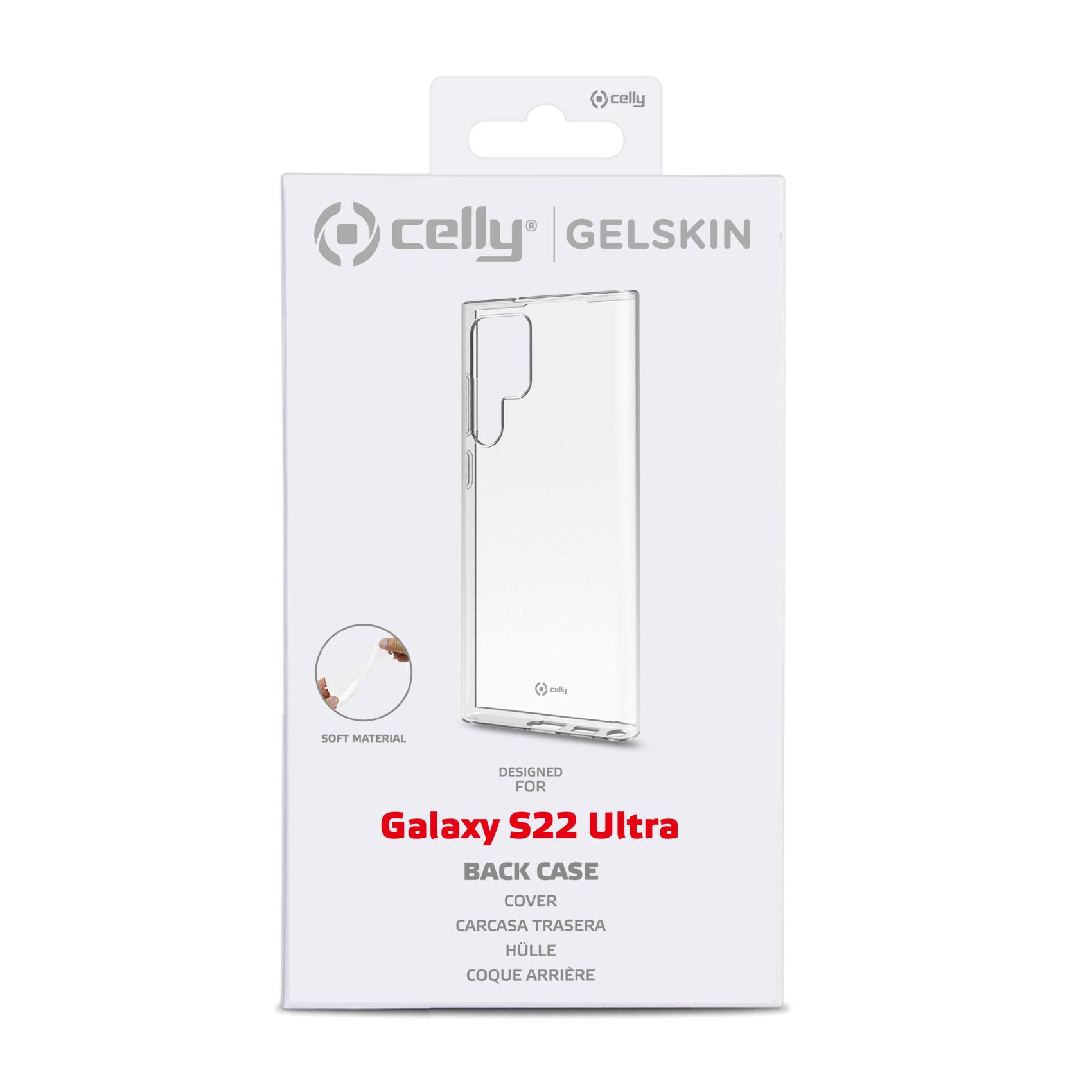 Una scatola bianca con una custodia trasparente per telefono. La scatola recita 'Galaxy S22 Ultra BACK CASE'.