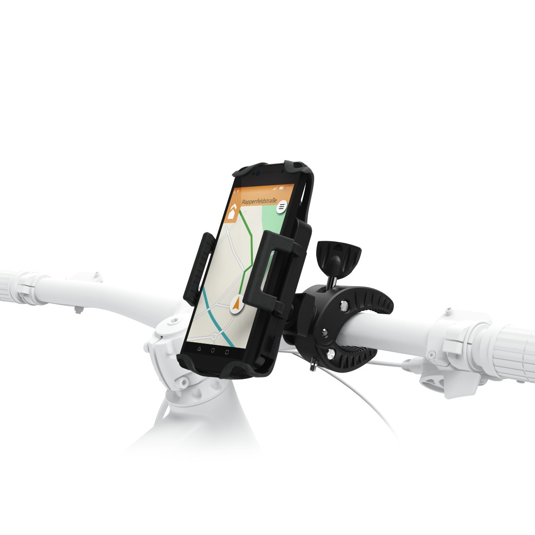 Smartfon z aplikacją nawigacyjną zamontowany na kierownicy roweru. Telefon jest w czarnym uchwycie, a kierownica jest biała.