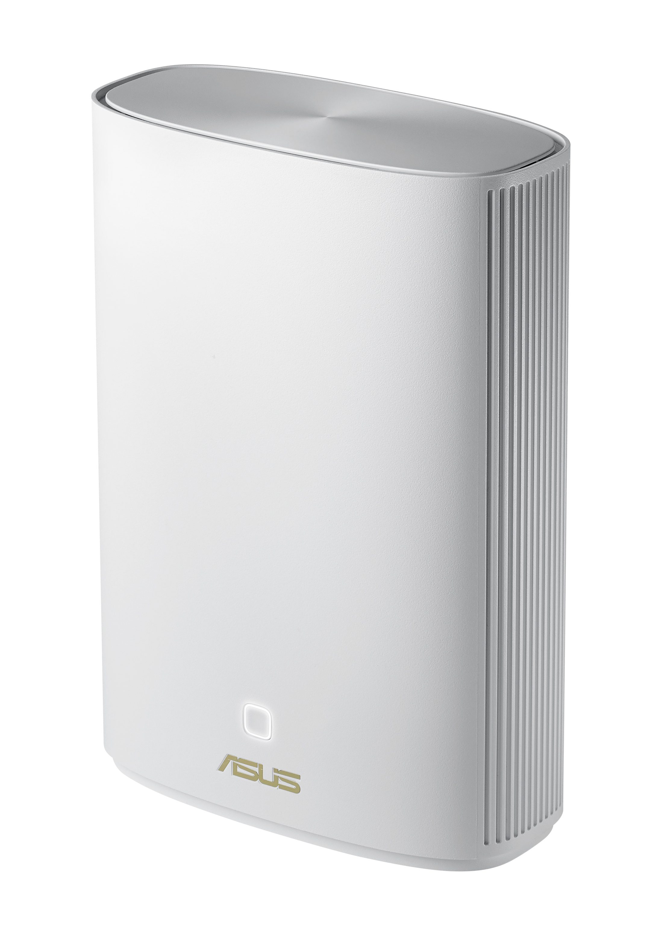 Ein weißer Router mit silberner Oberseite. Das ASUS-Logo ist sichtbar. Die rechte Seite hat vertikale Linien. Unten ist ein Licht zu sehen.