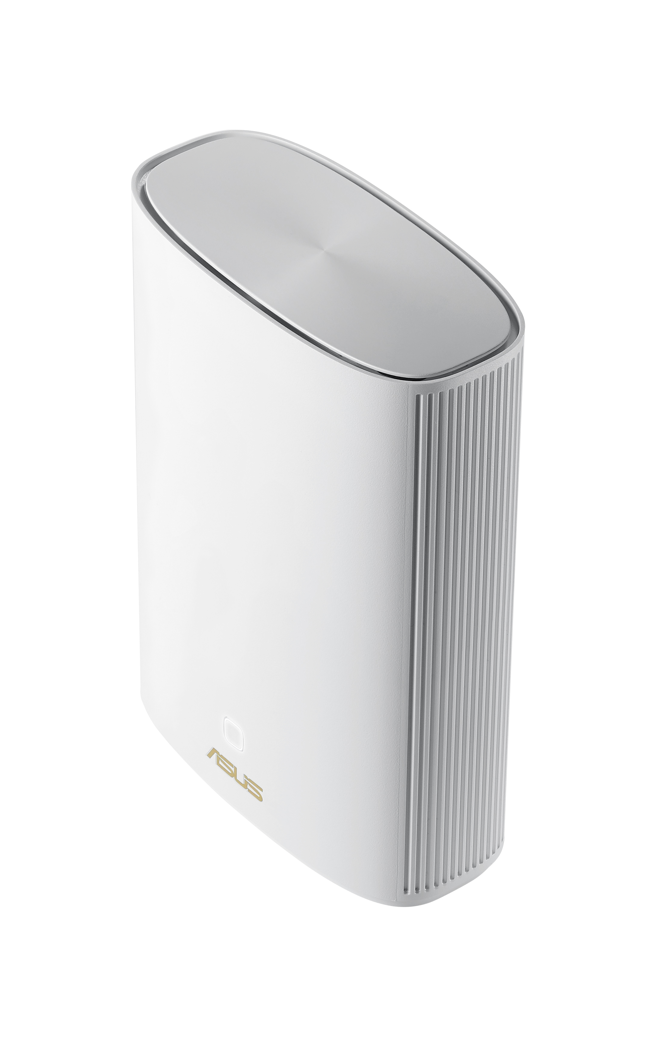 Ein weißer Router mit silbernem Deckel. Die rechte Seite hat vertikale Linien. Das ASUS-Logo befindet sich unten.