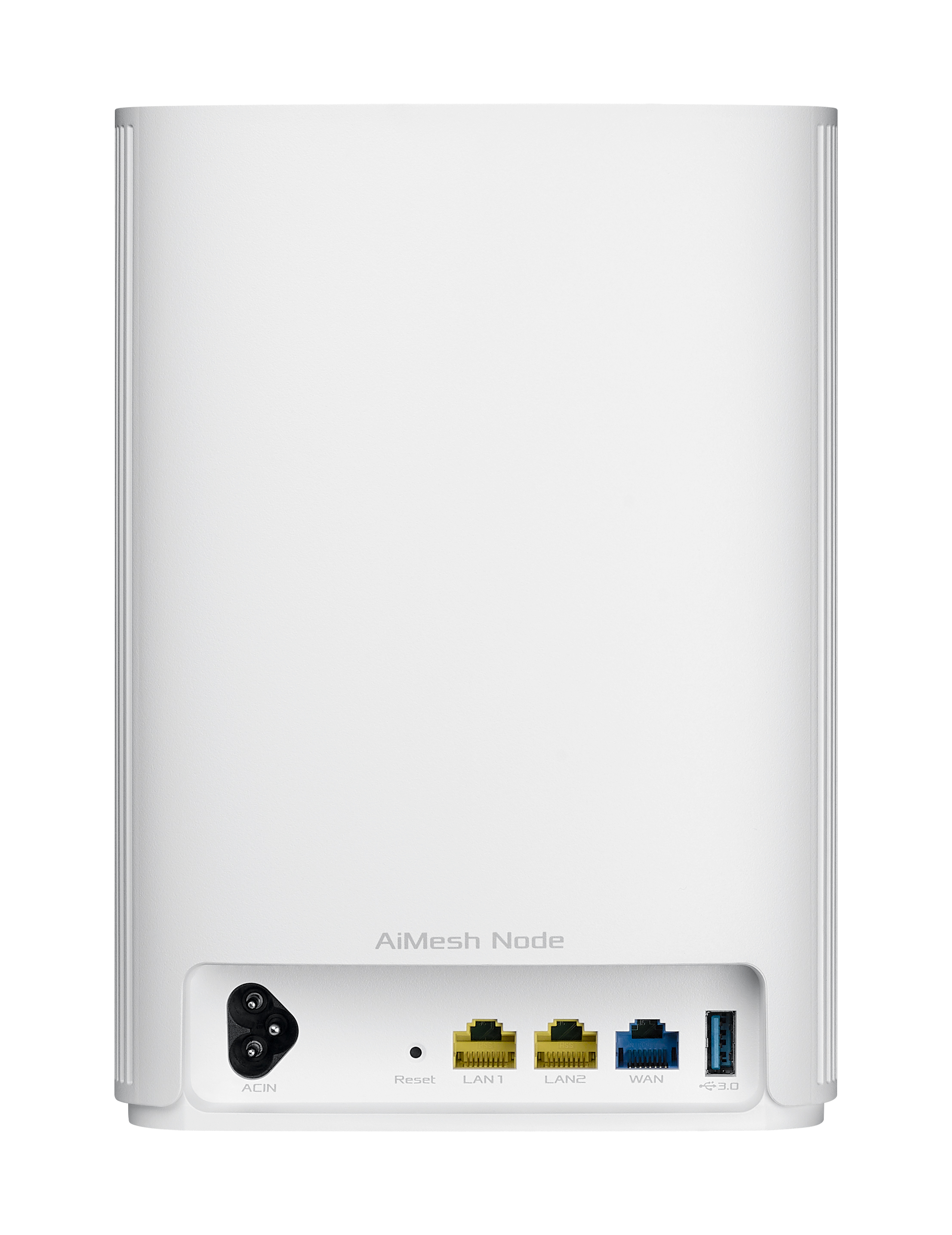 Weißer AiMesh Node Router mit Anschlüssen: ACIN, Reset, LAN1, LAN2, WAN und USB 3.0. Anschlüsse in verschiedenen Farben.