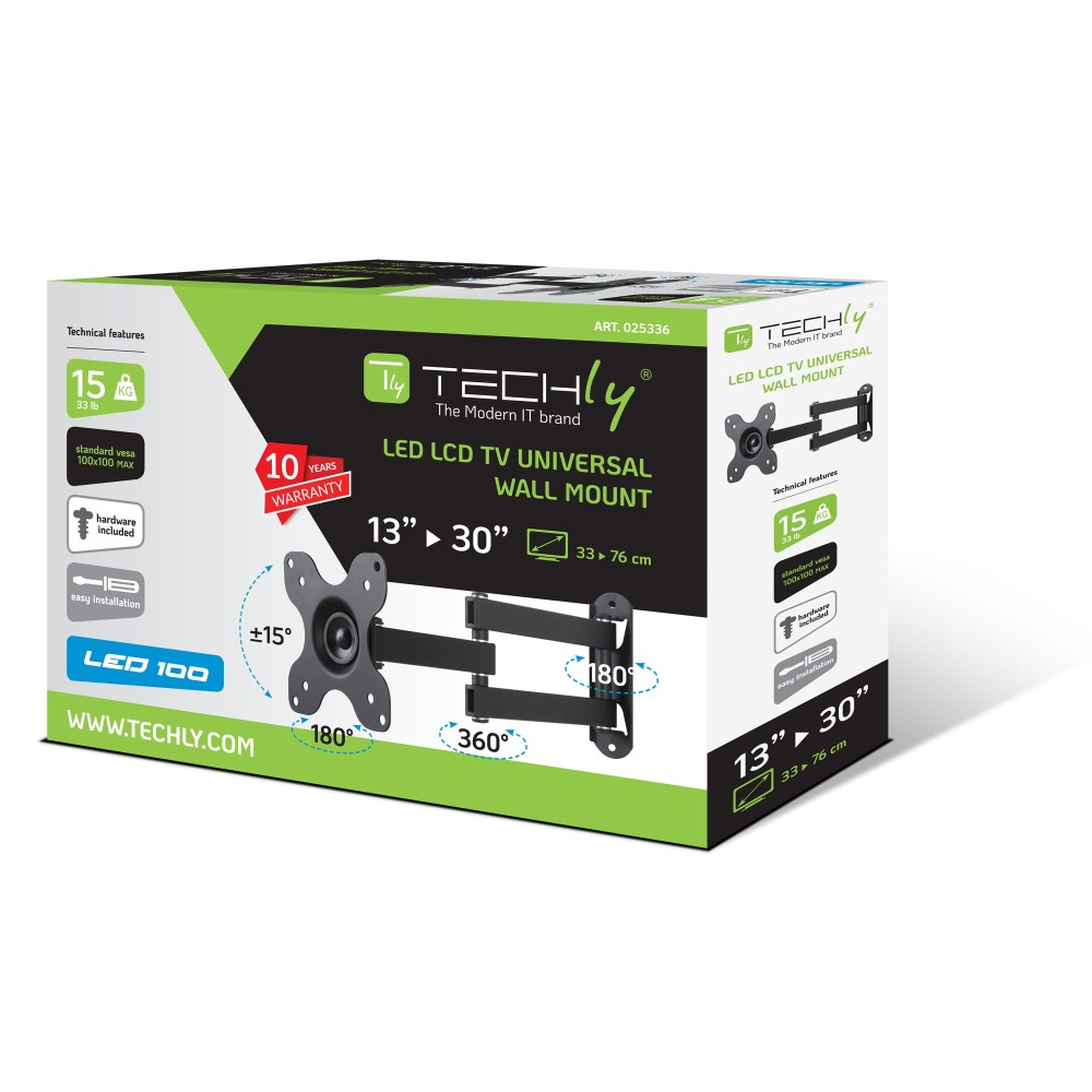 Eine Techly LED TV Universal-Wandhalterungsbox. Sie zeigt Produktmerkmale und Spezifikationen, einschließlich Tragfähigkeit und Abmessungen.