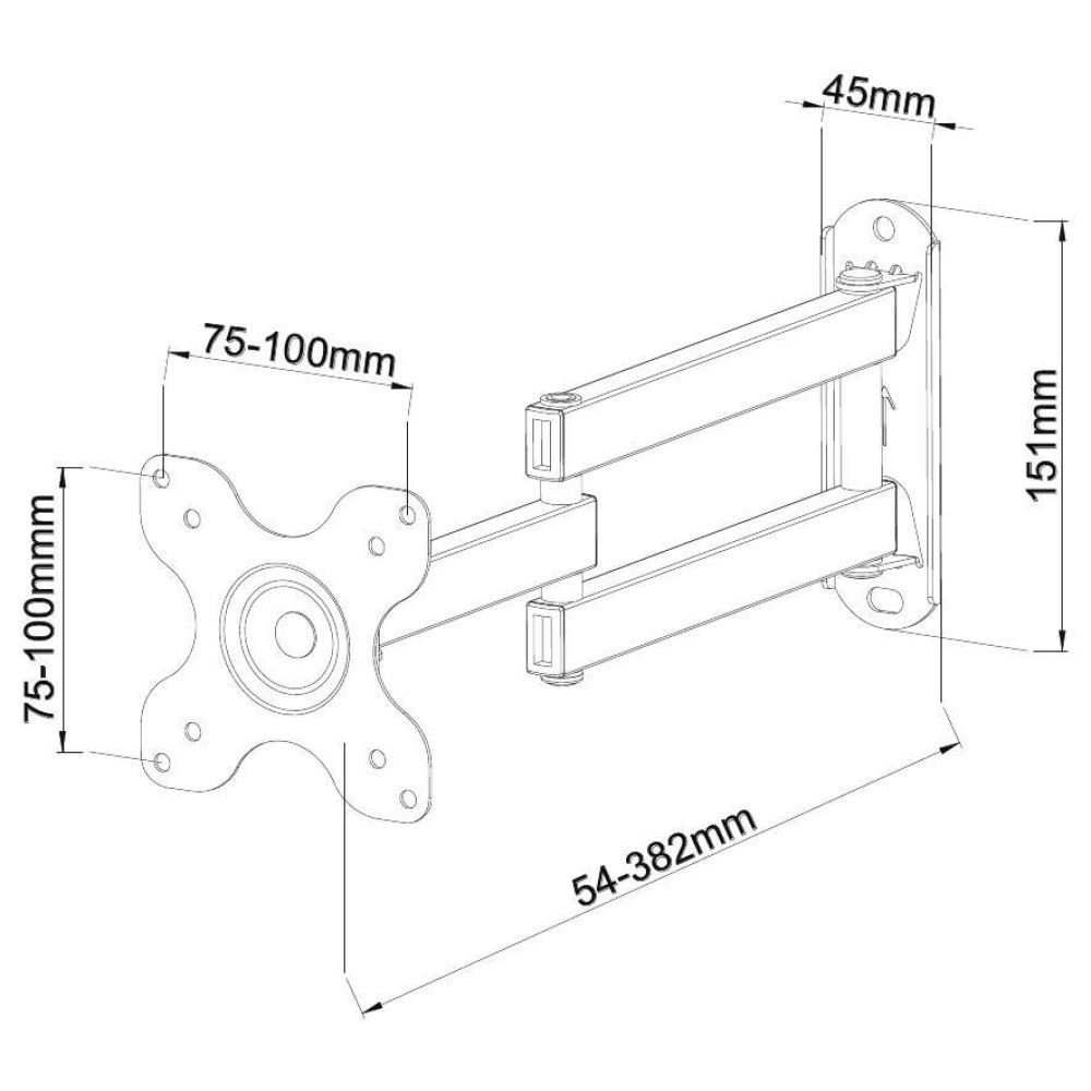 Diagramm einer schwarz-weißen Wandhalterung. Abmessungen: 45 mm, 151 mm, 54-382 mm und 75-100 mm. Die Halterung hat mehrere Gelenke.
