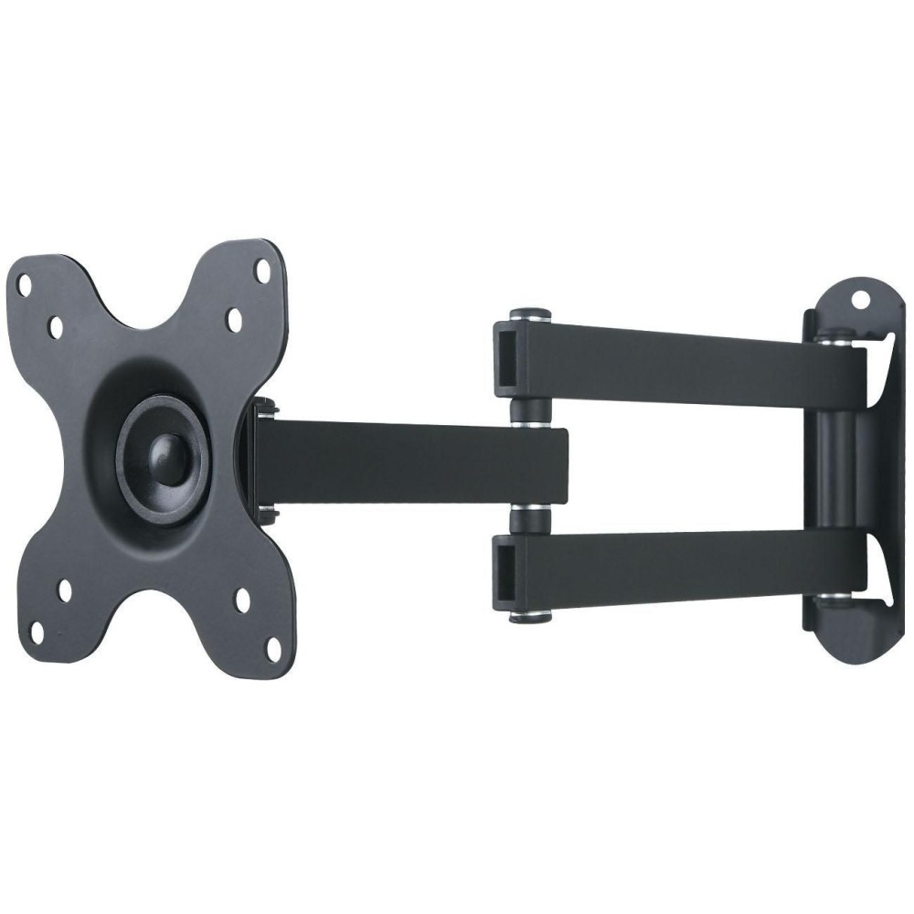 Eine schwarze, bewegliche TV-Wandhalterung. Sie hat eine Halterung mit Löchern, einen Arm mit Gelenken und eine Wandplatte. Isoliert auf Weiß.