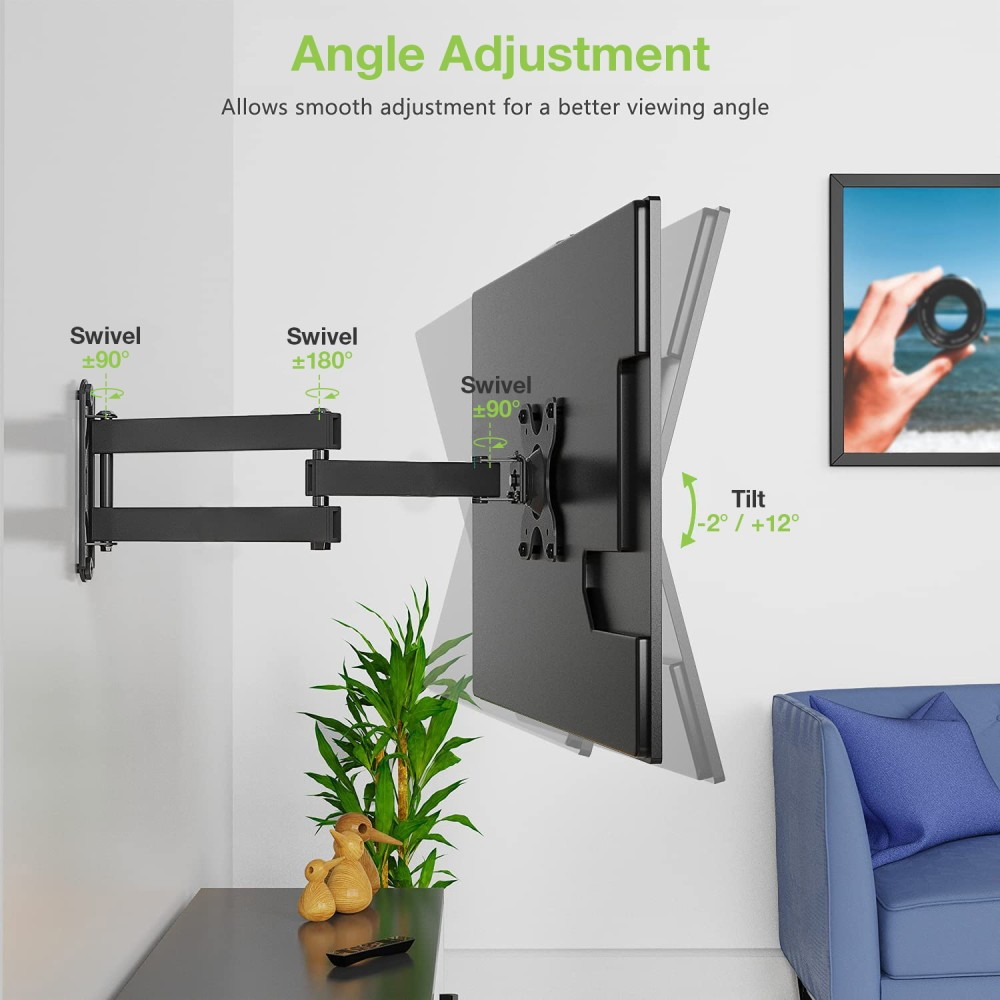 Eine TV-Halterung an einer Wand. Sie ermöglicht Schwenk- und Neigungsverstellung. Text zeigt die Winkel und Einstellmöglichkeiten.