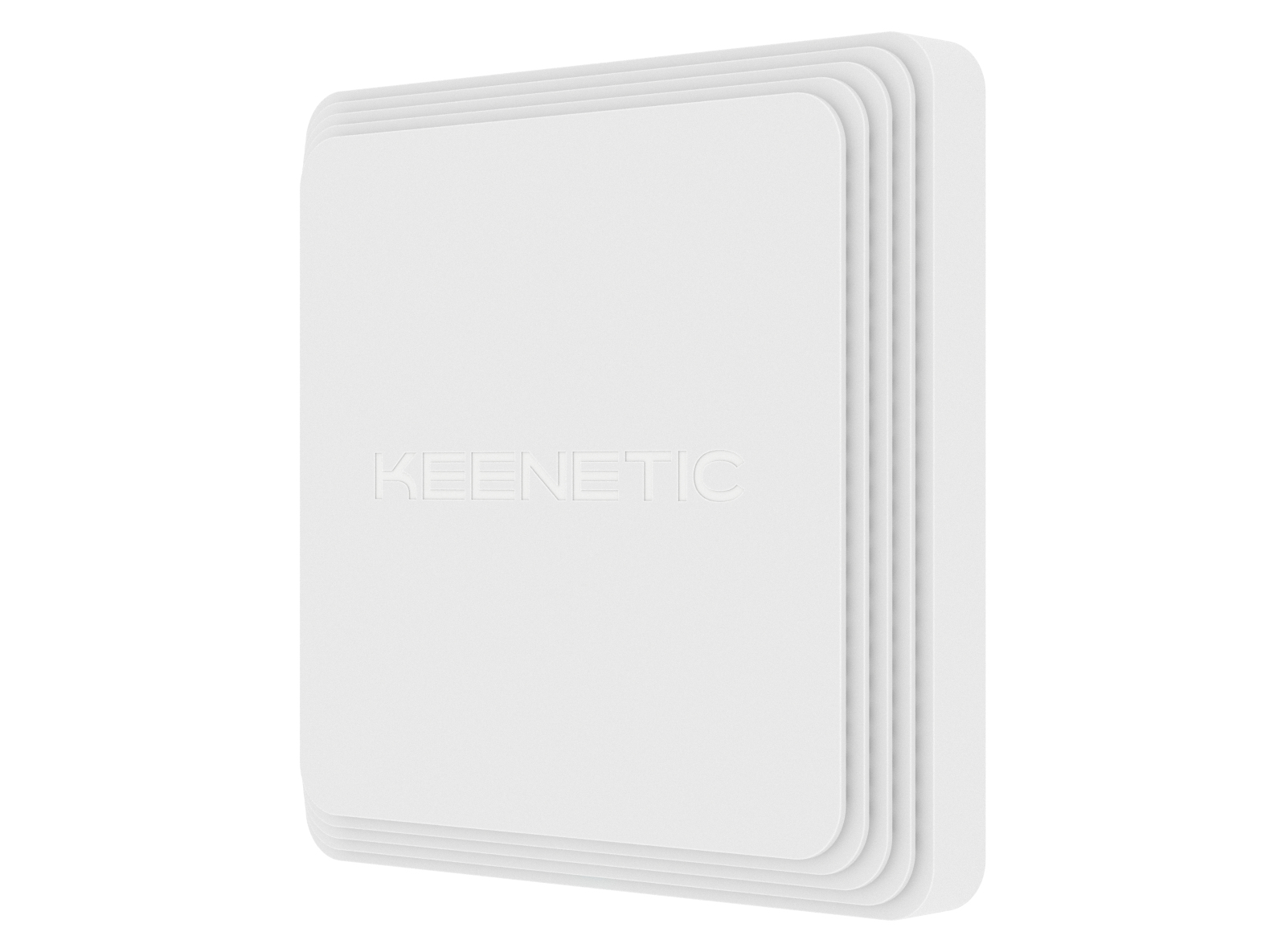 Białe urządzenie Keenetic z zaokrąglonymi krawędziami. Nazwa marki wytłoczona z przodu. Posiada warstwową konstrukcję z boku.