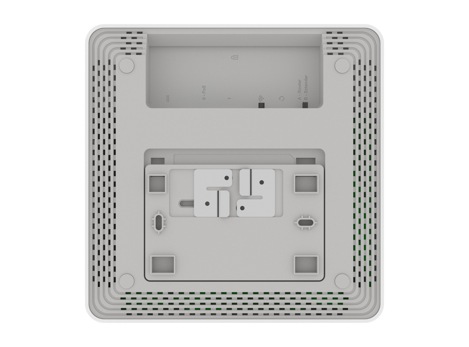 Widok z góry na biały router z wentylacją, etykietami i otworami montażowymi. Projekt jest kwadratowy z zaokrąglonymi rogami.