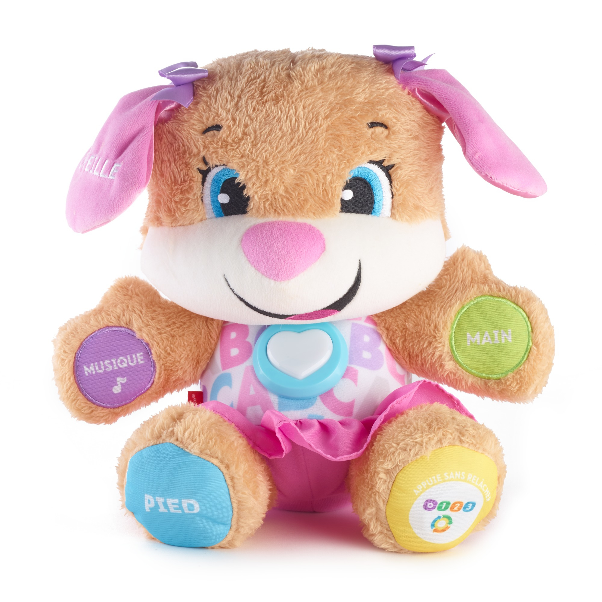 Un juguete de peluche de cachorro marrón con orejas, lazo y falda rosas. Tiene ojos azules, nariz rosa y botones en las patas.