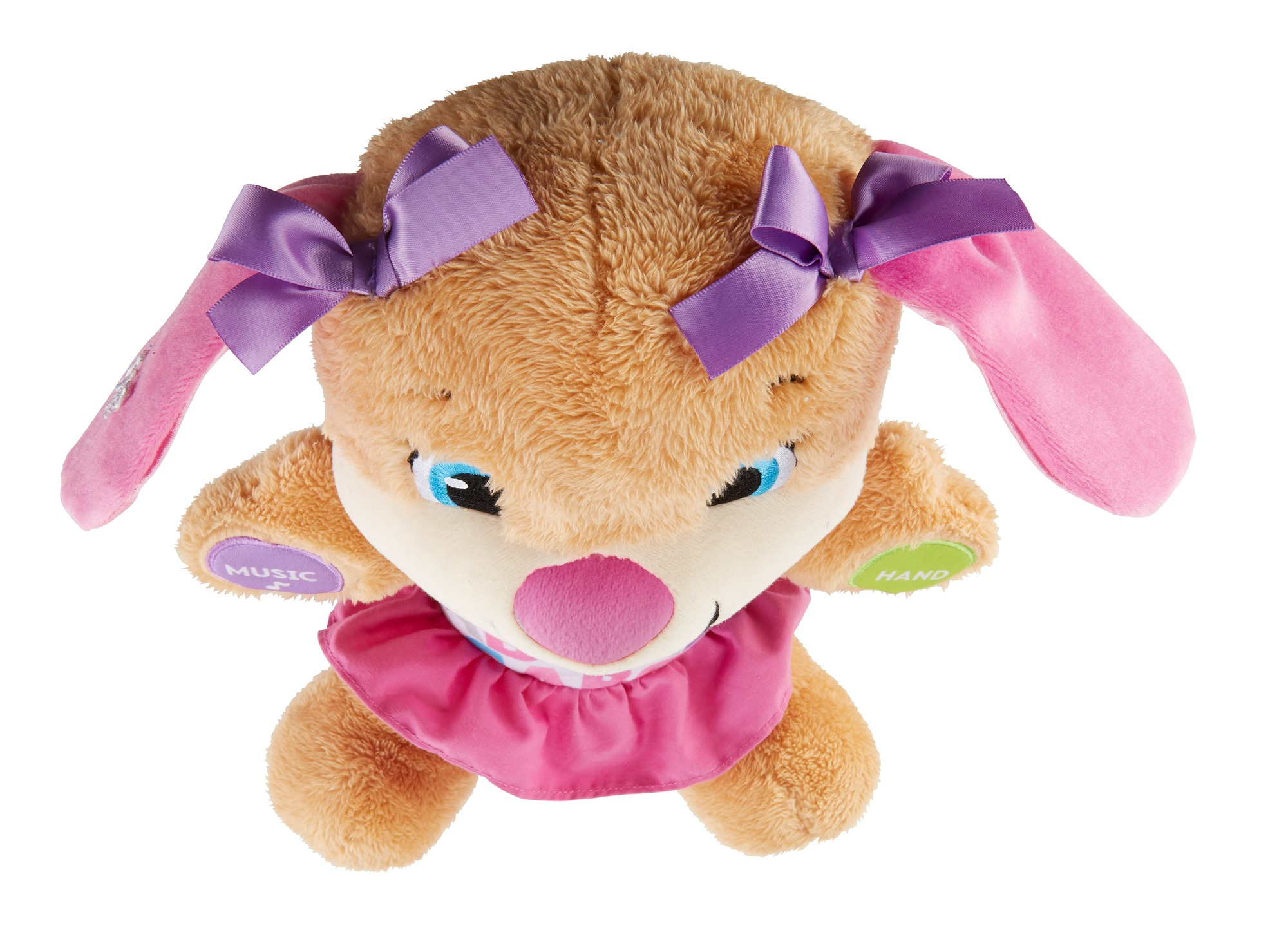 Un conejito de peluche con orejas rosas, lazos morados, un vestido rosa y botones que dicen "Música" y "Mano".