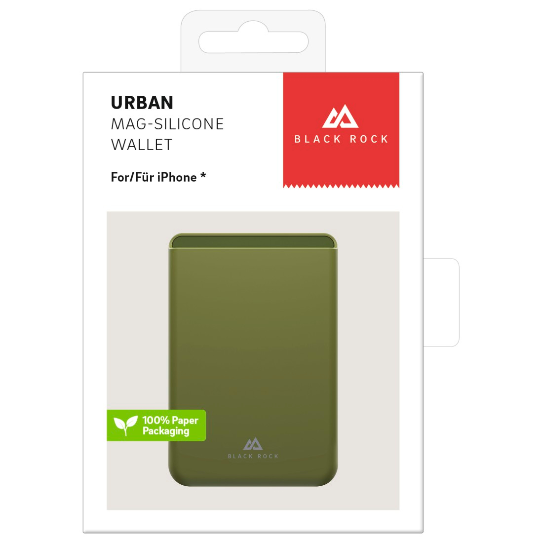 Eine Produktverpackung zeigt eine olivgrüne Brieftasche. Text lautet 'URBAN MAG-SILICONE WALLET' und 'BLACK ROCK' mit dem Logo. 'Für iPhone'.