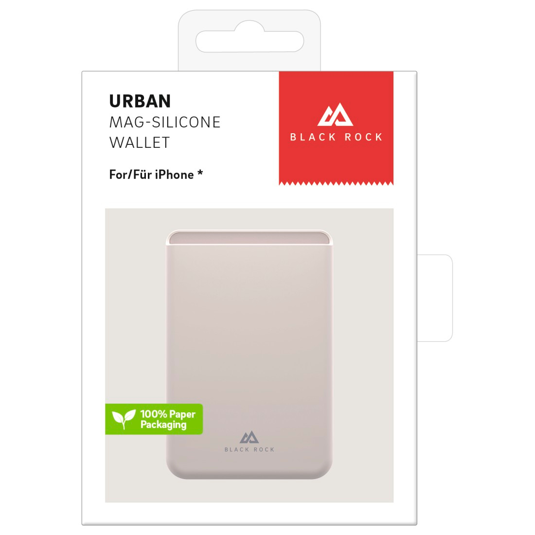 Eine Handy-Geldbörsenverpackung. Die Vorderseite zeigt die Geldbörse. Die Marke ist Black Rock. Sie besteht aus Silikon.