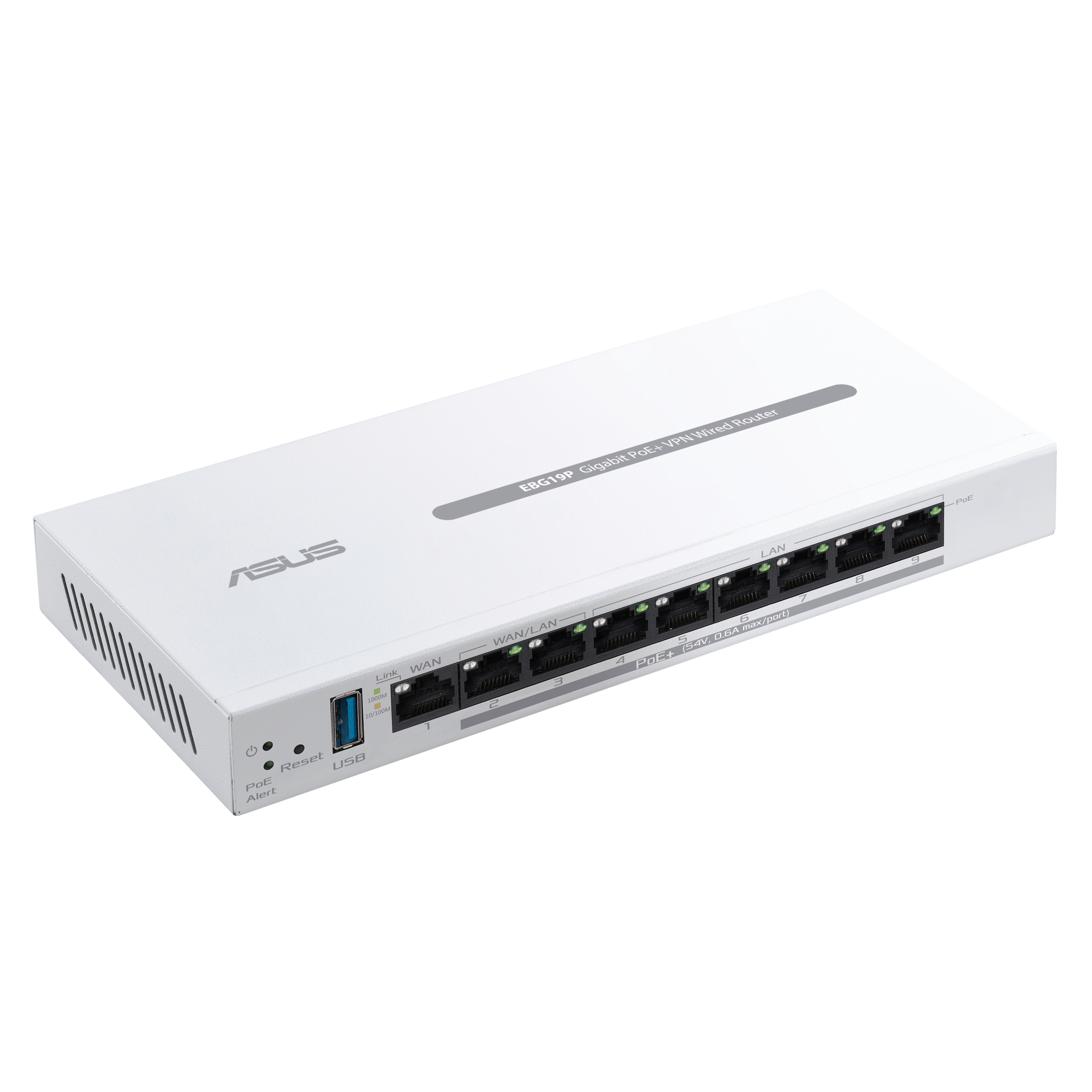 Un router ASUS bianco con più porte e la scritta EBG19P. Ha una porta USB e diverse luci LED.